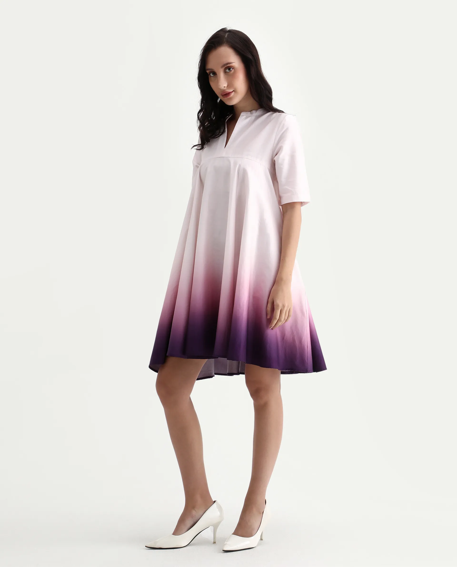 Rareism Women's Jenleo Purple Cotton Mandarin Collar Flared Printed Dress - Image 7