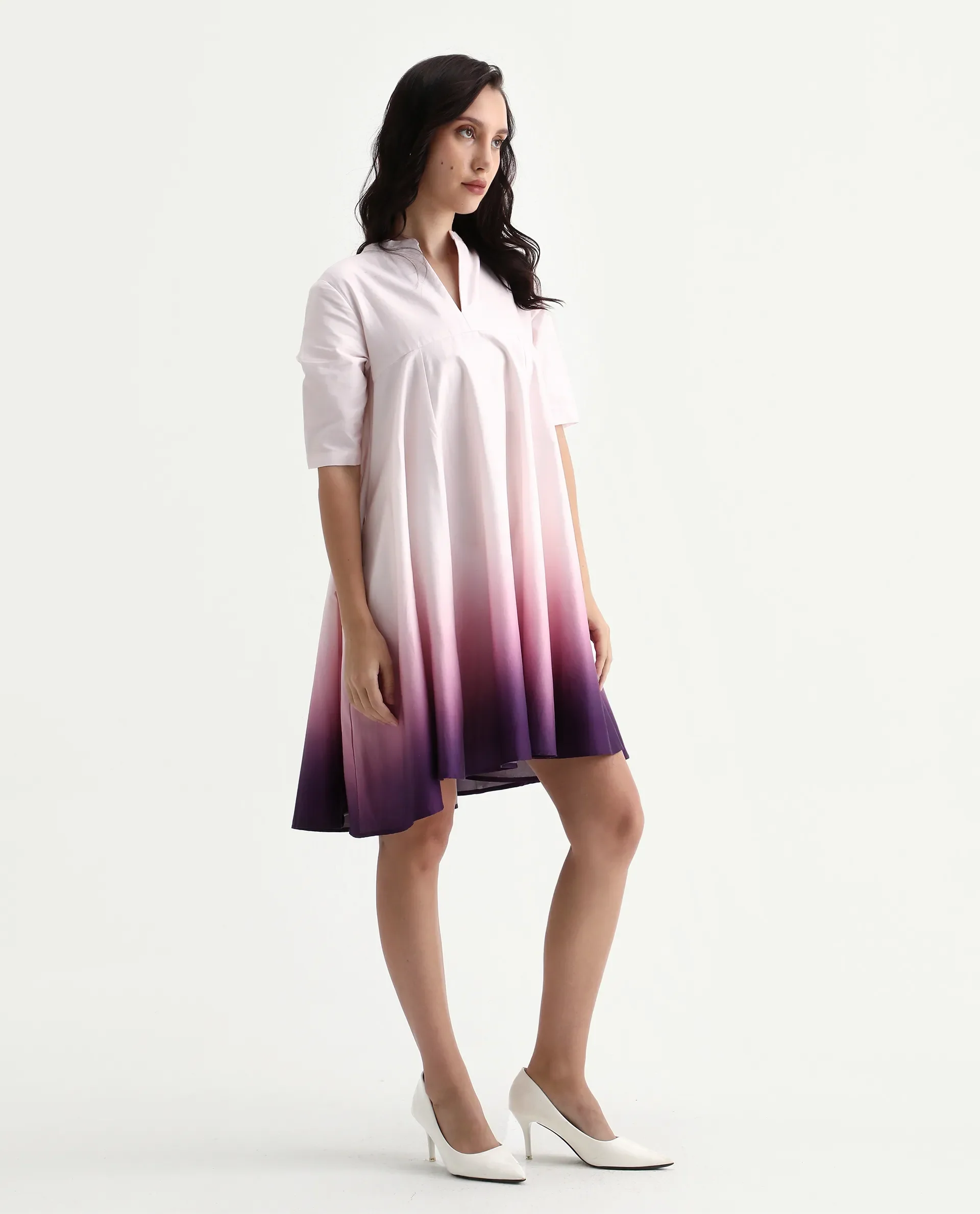 Rareism Women's Jenleo Purple Cotton Mandarin Collar Flared Printed Dress - Image 8