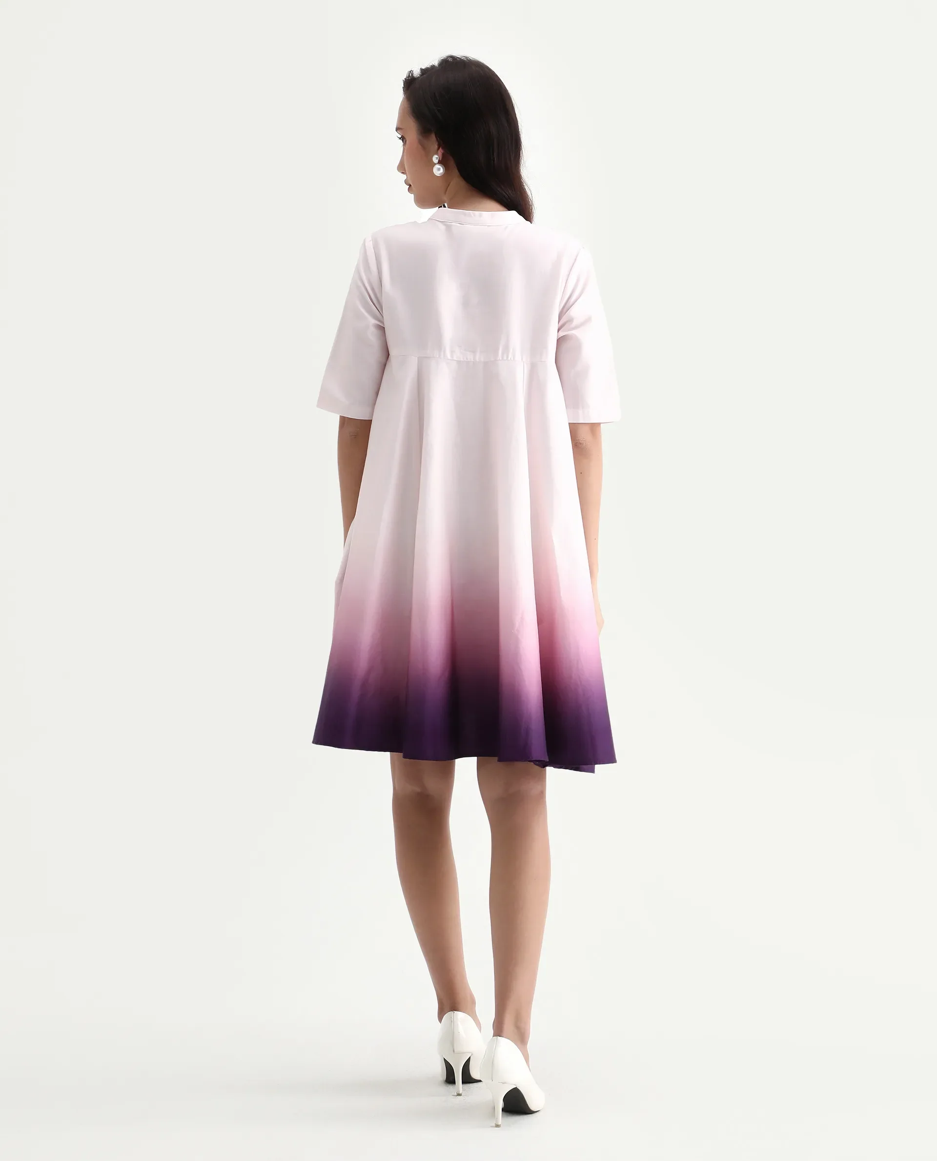 Rareism Women's Jenleo Purple Cotton Mandarin Collar Flared Printed Dress - Image 9