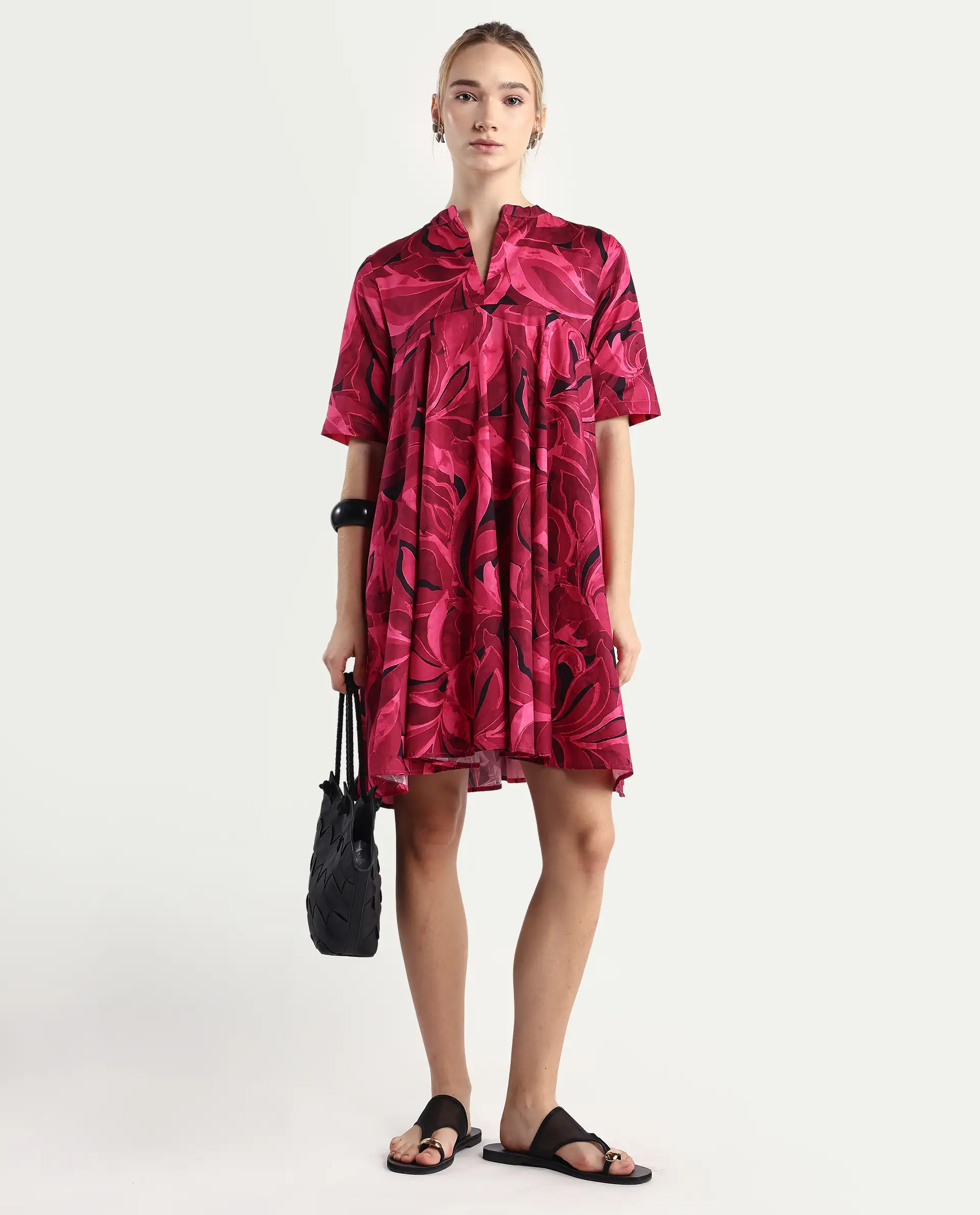 Rareism Women Jenleop Dark Pink Regular Sleeves Mandarin Collar Flared Mini Printed Dress - Image 2