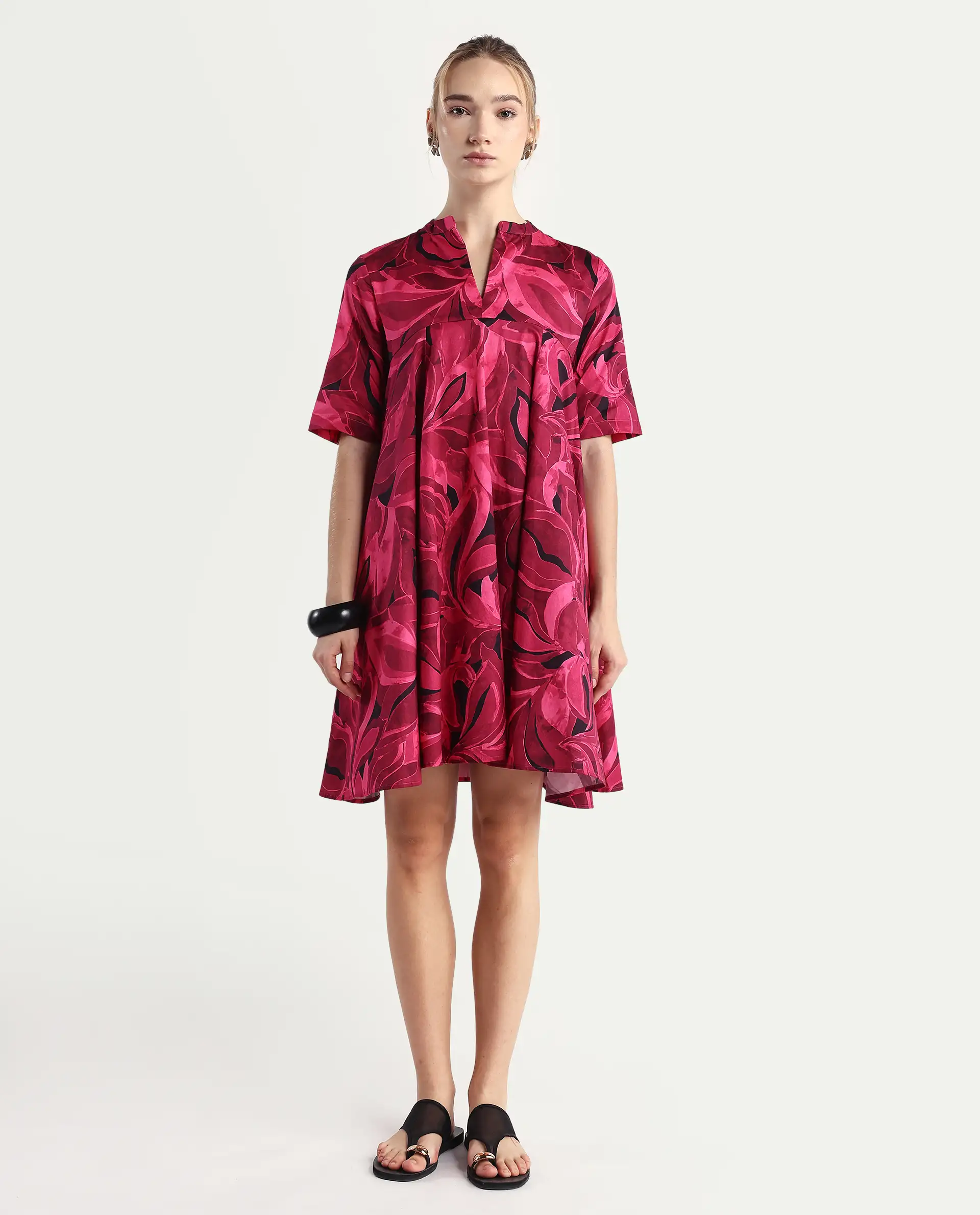 Rareism Women Jenleop Dark Pink Regular Sleeves Mandarin Collar Flared Mini Printed Dress - Image 3