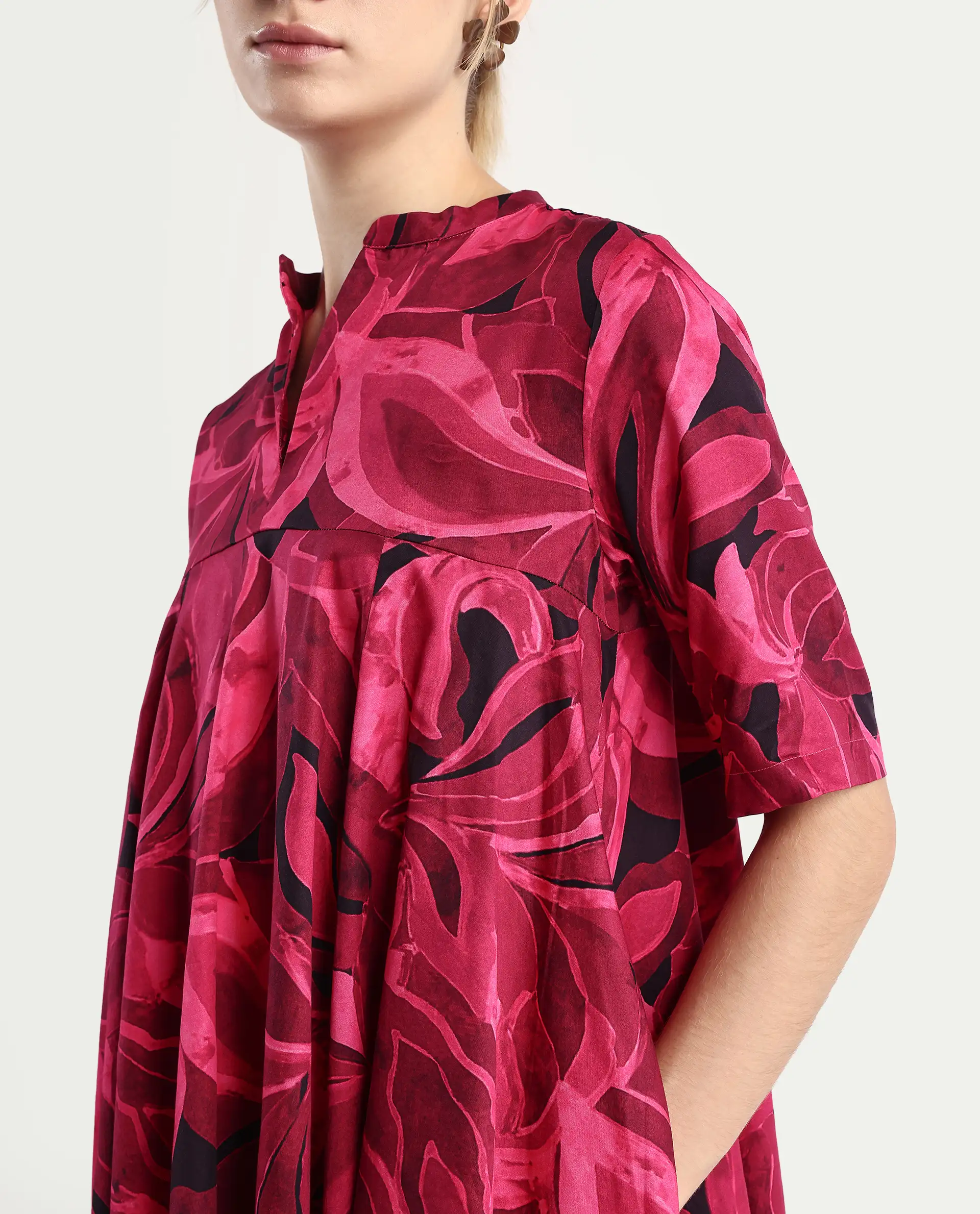 Rareism Women Jenleop Dark Pink Regular Sleeves Mandarin Collar Flared Mini Printed Dress - Image 5