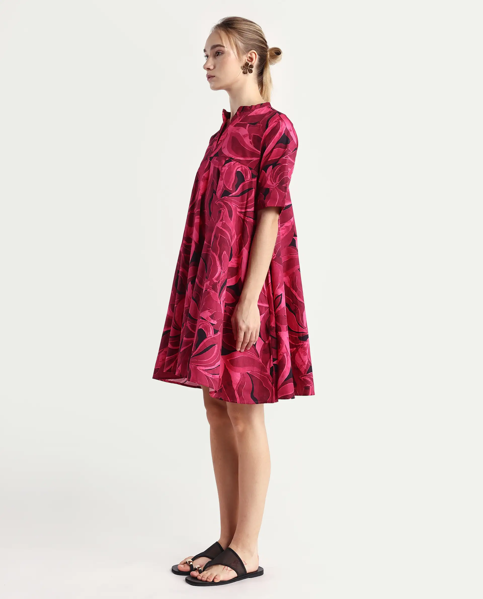 Rareism Women Jenleop Dark Pink Regular Sleeves Mandarin Collar Flared Mini Printed Dress - Image 6