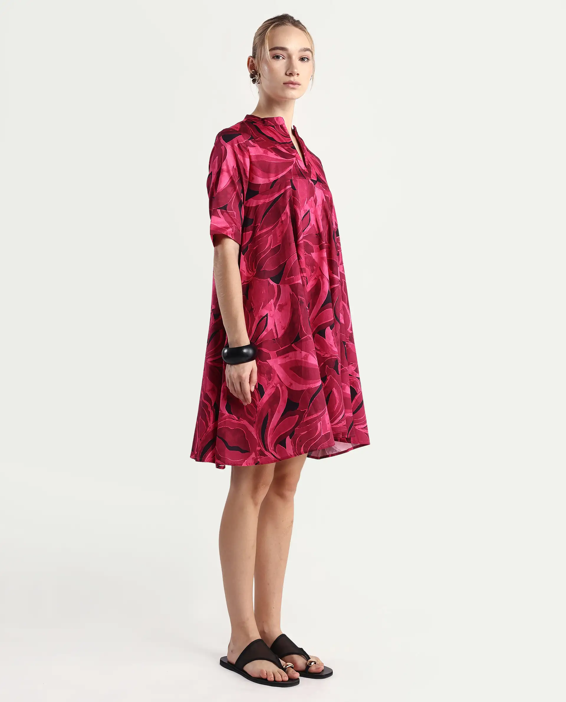 Rareism Women Jenleop Dark Pink Regular Sleeves Mandarin Collar Flared Mini Printed Dress - Image 7