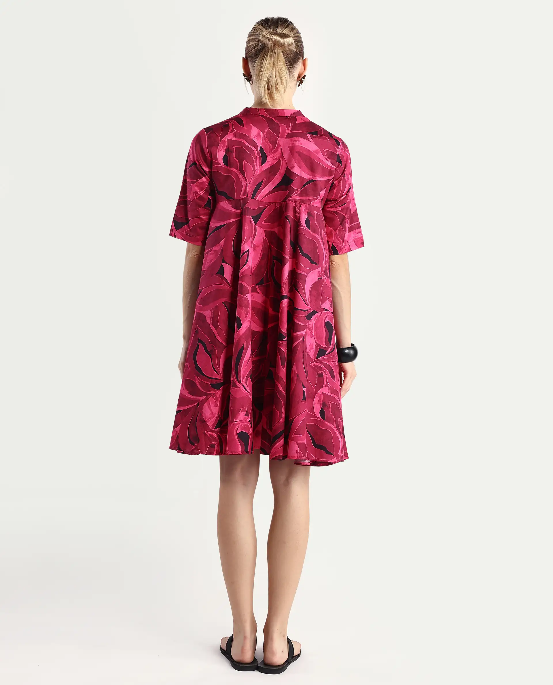 Rareism Women Jenleop Dark Pink Regular Sleeves Mandarin Collar Flared Mini Printed Dress - Image 8