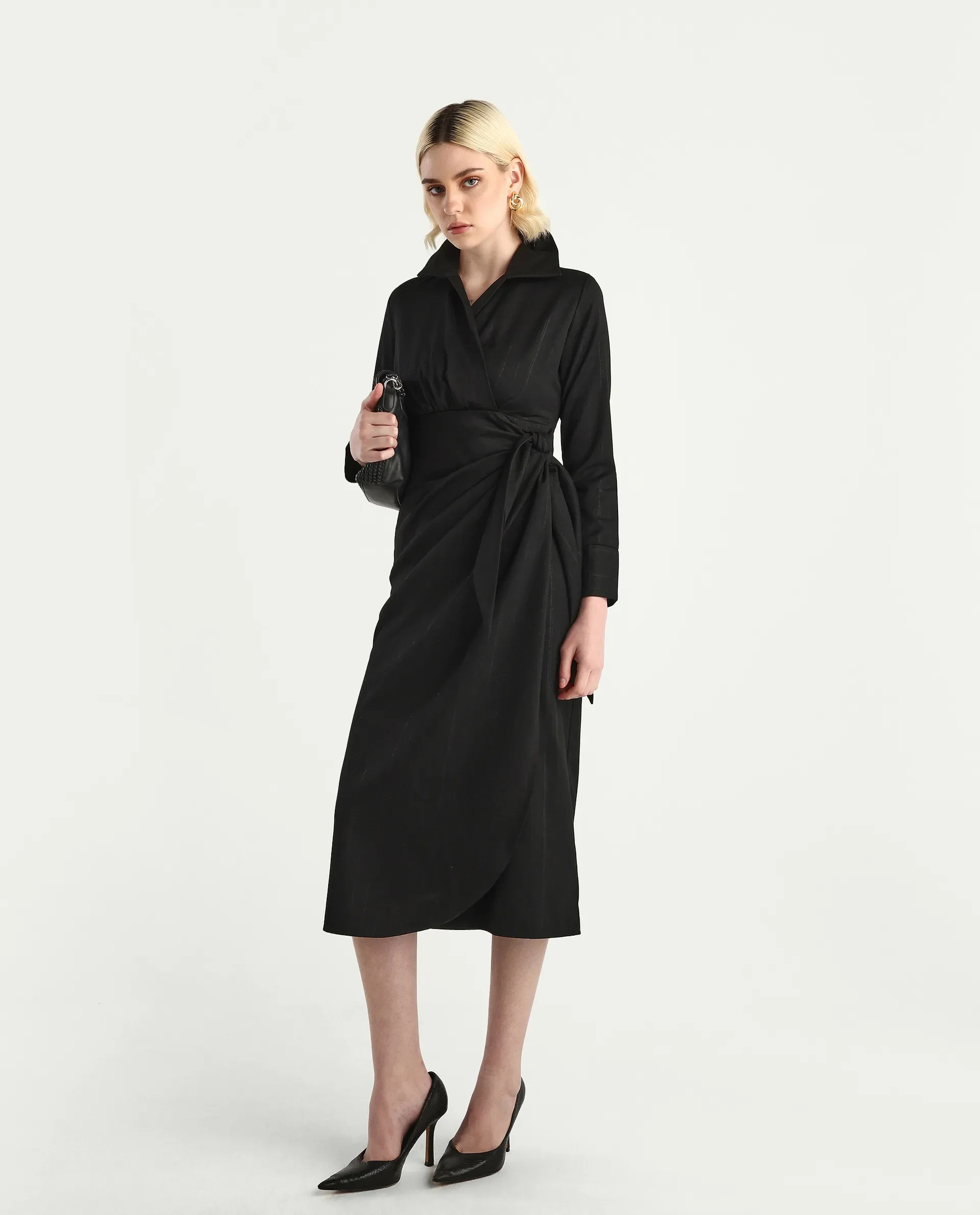 Rareism Women's Jenlin Black Polyester blend Cuffed Sleeve Jonny Collar Straight Fit Plain Midi Dress