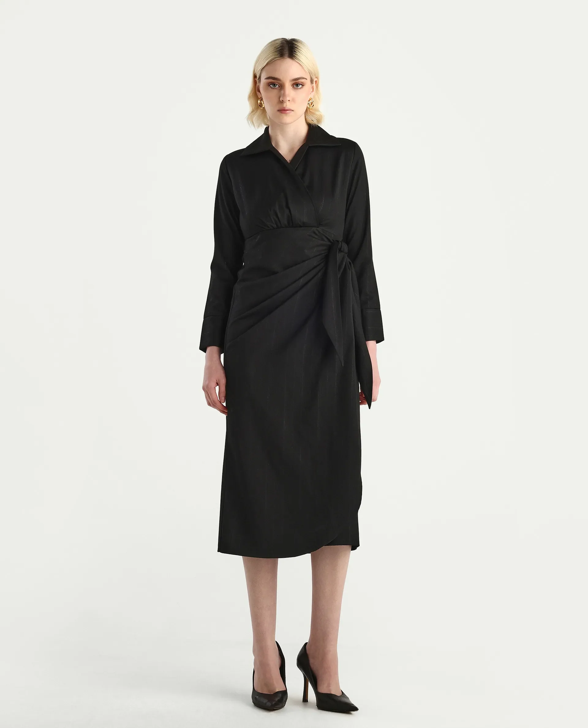 Rareism Women's Jenlin Black Polyester blend Cuffed Sleeve Jonny Collar Straight Fit Plain Midi Dress - Image 2
