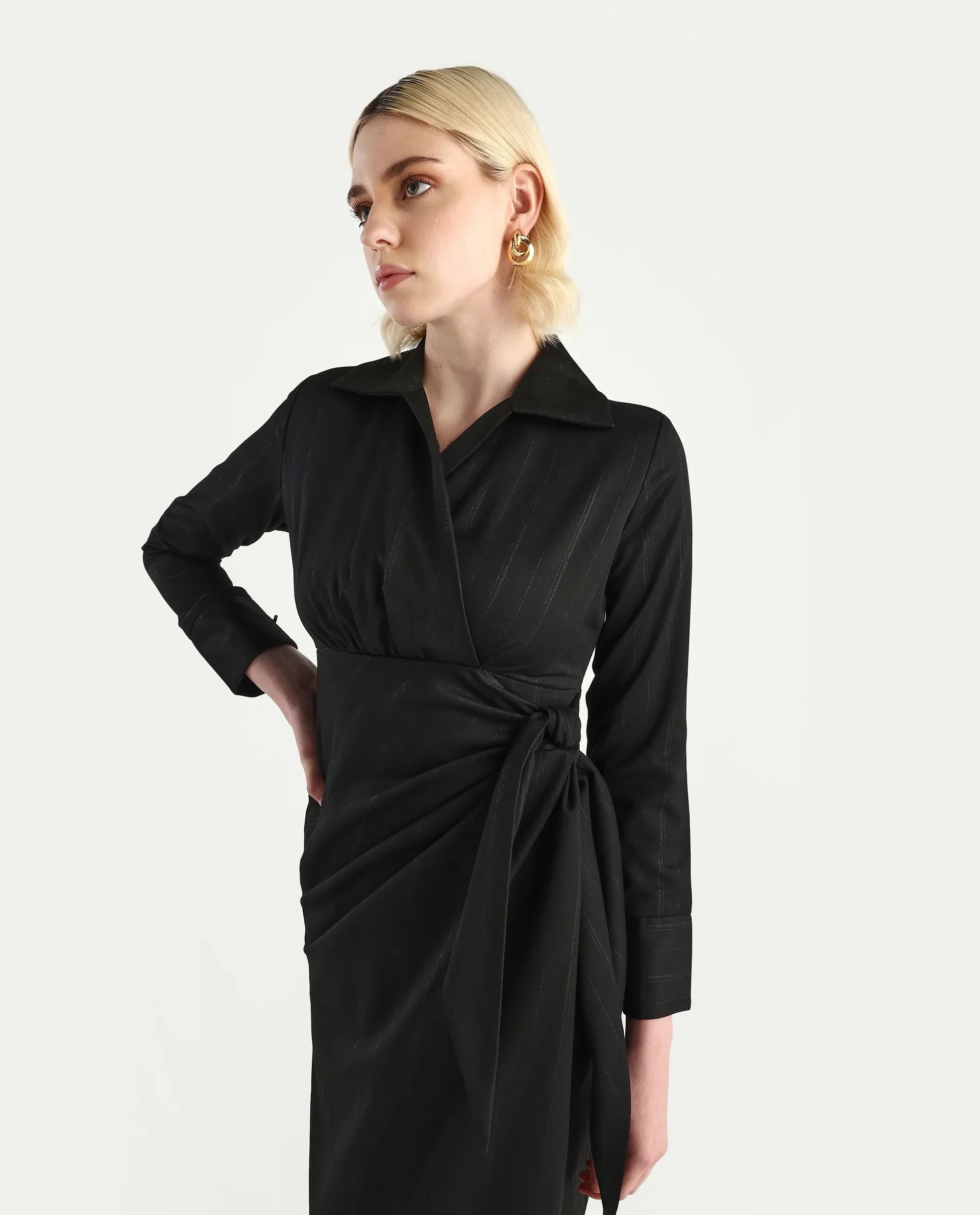 Rareism Women's Jenlin Black Polyester blend Cuffed Sleeve Jonny Collar Straight Fit Plain Midi Dress - Image 3