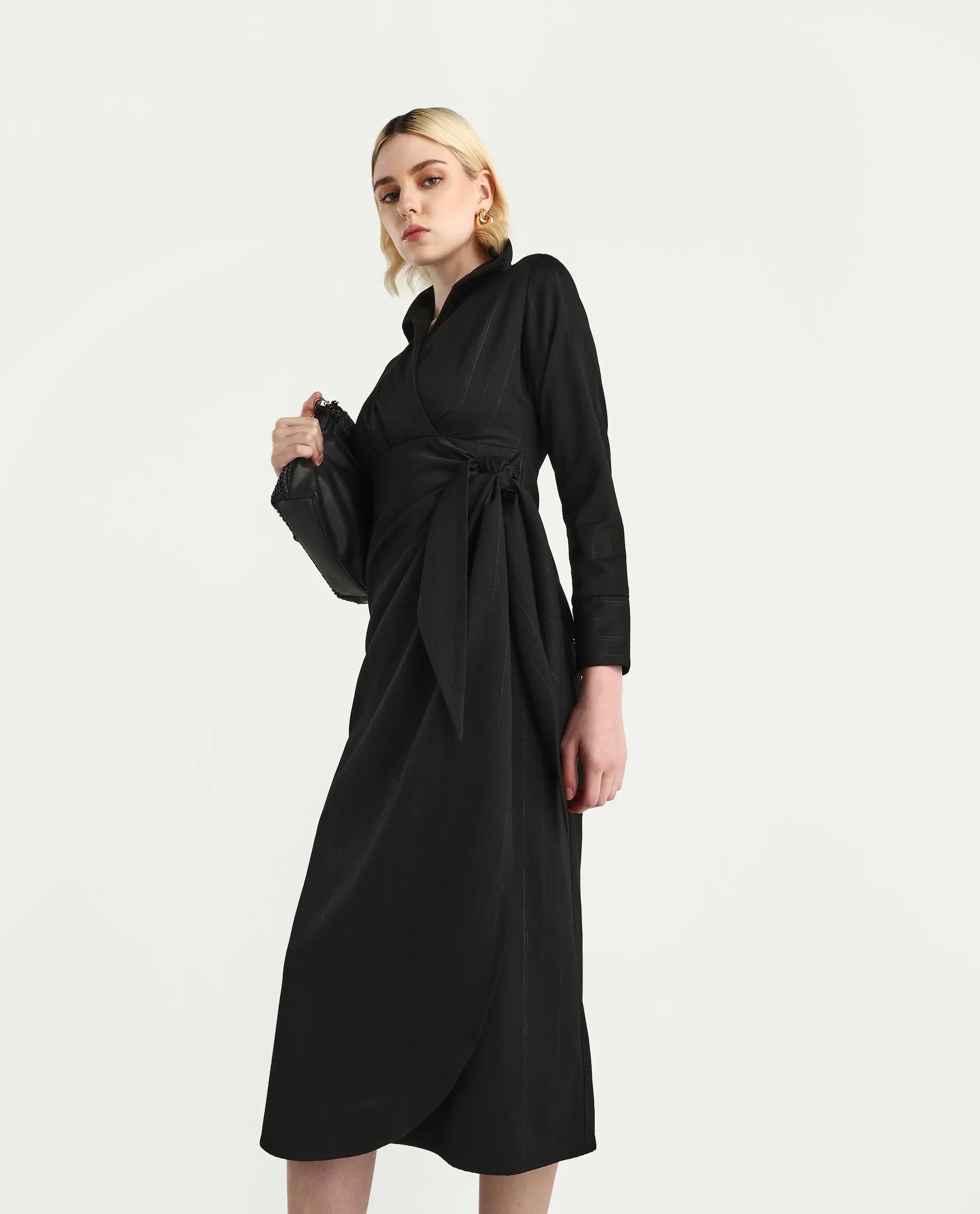 Rareism Women's Jenlin Black Polyester blend Cuffed Sleeve Jonny Collar Straight Fit Plain Midi Dress - Image 4