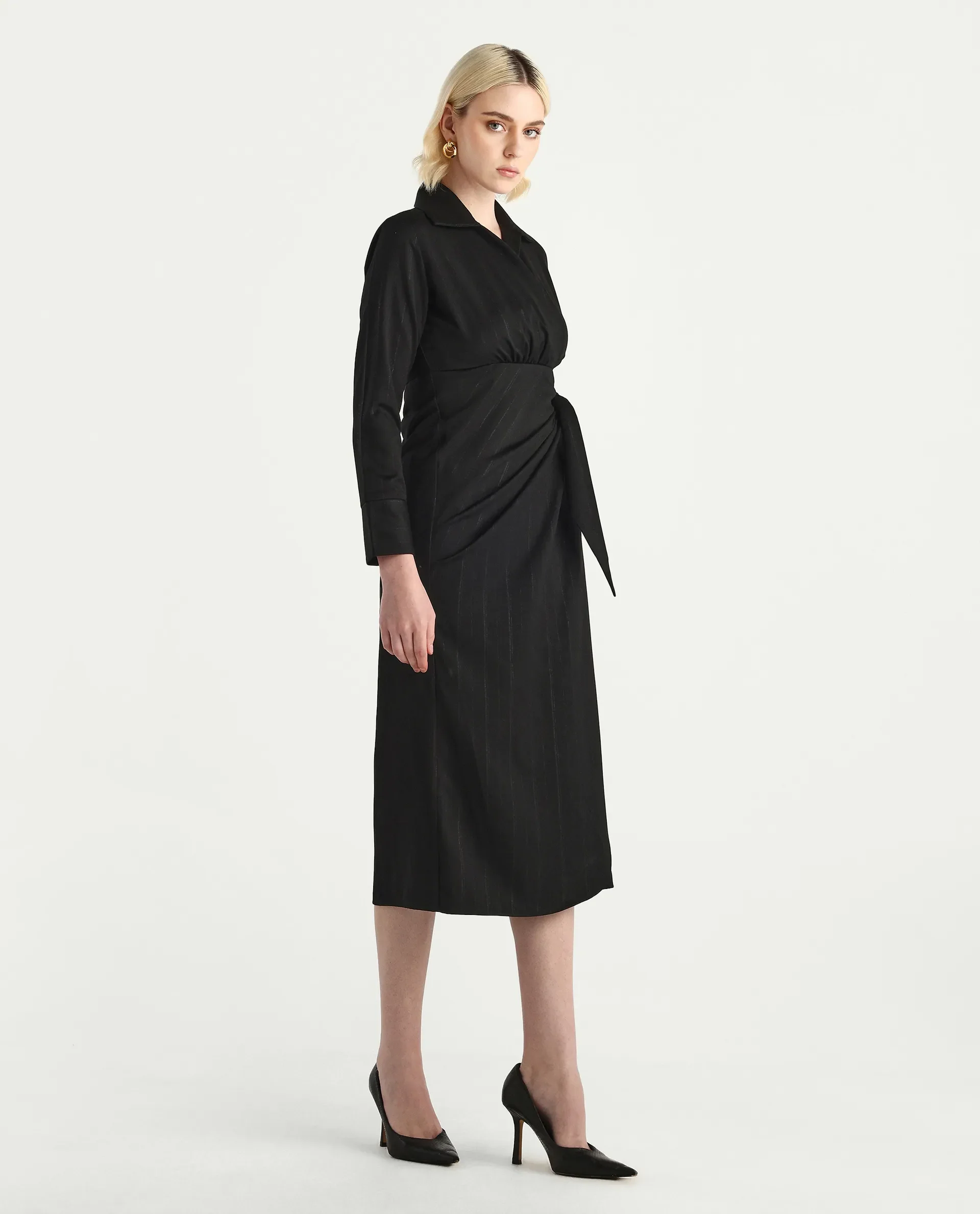 Rareism Women's Jenlin Black Polyester blend Cuffed Sleeve Jonny Collar Straight Fit Plain Midi Dress - Image 5
