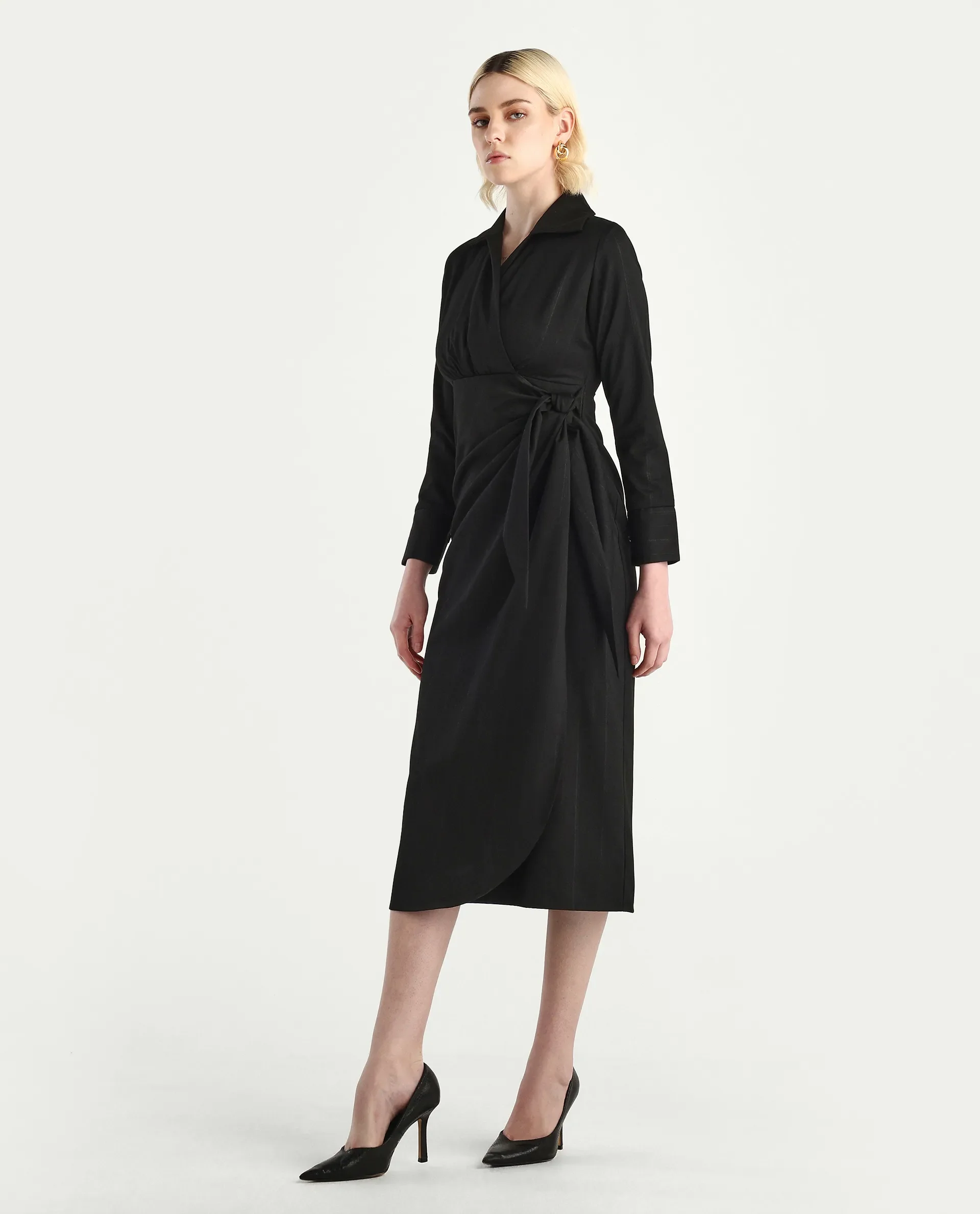 Rareism Women's Jenlin Black Polyester blend Cuffed Sleeve Jonny Collar Straight Fit Plain Midi Dress - Image 6