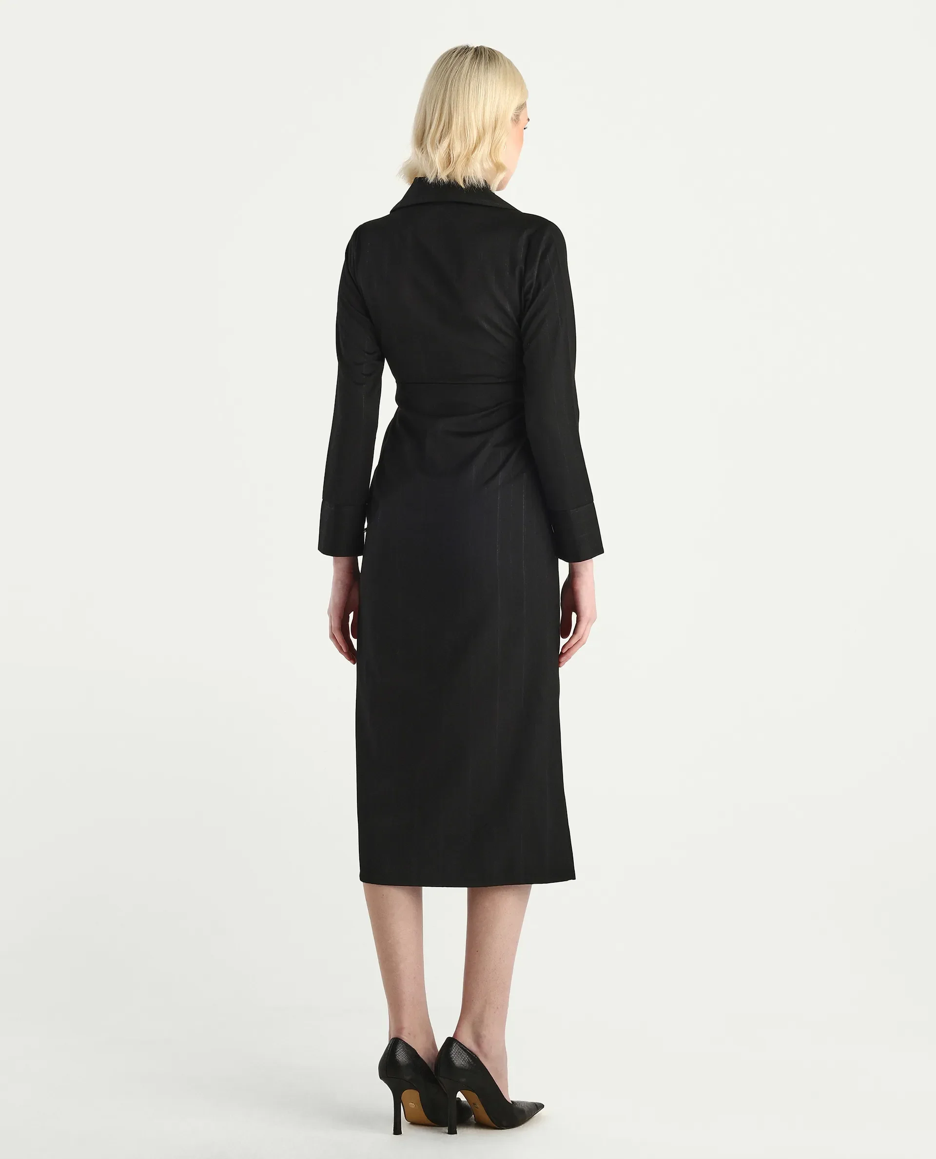 Rareism Women's Jenlin Black Polyester blend Cuffed Sleeve Jonny Collar Straight Fit Plain Midi Dress - Image 7