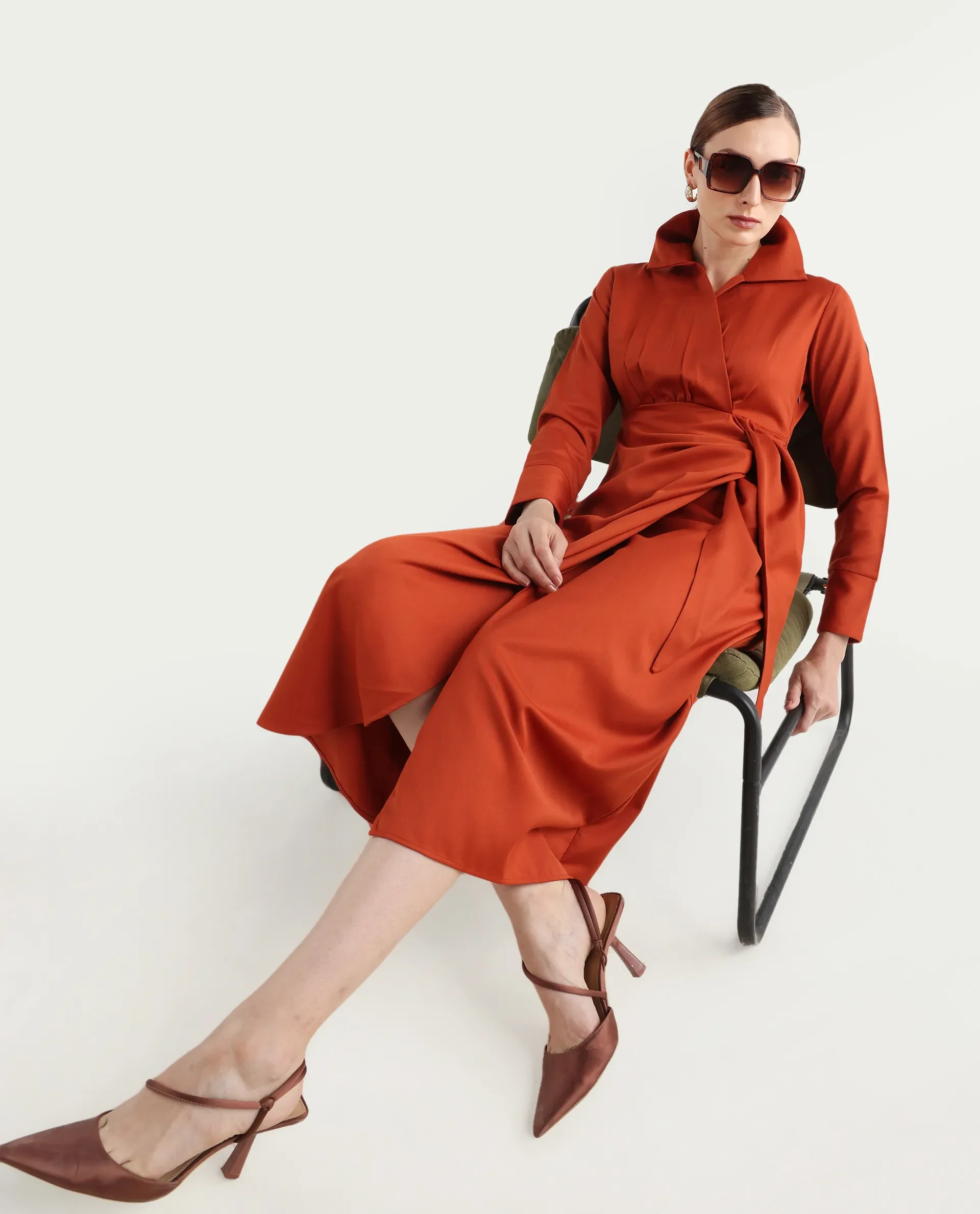 Rareism Women's Jenlin Rust Polyester Blend Full Sleeve Jonny Collar Straight Fit Dress - Image 2