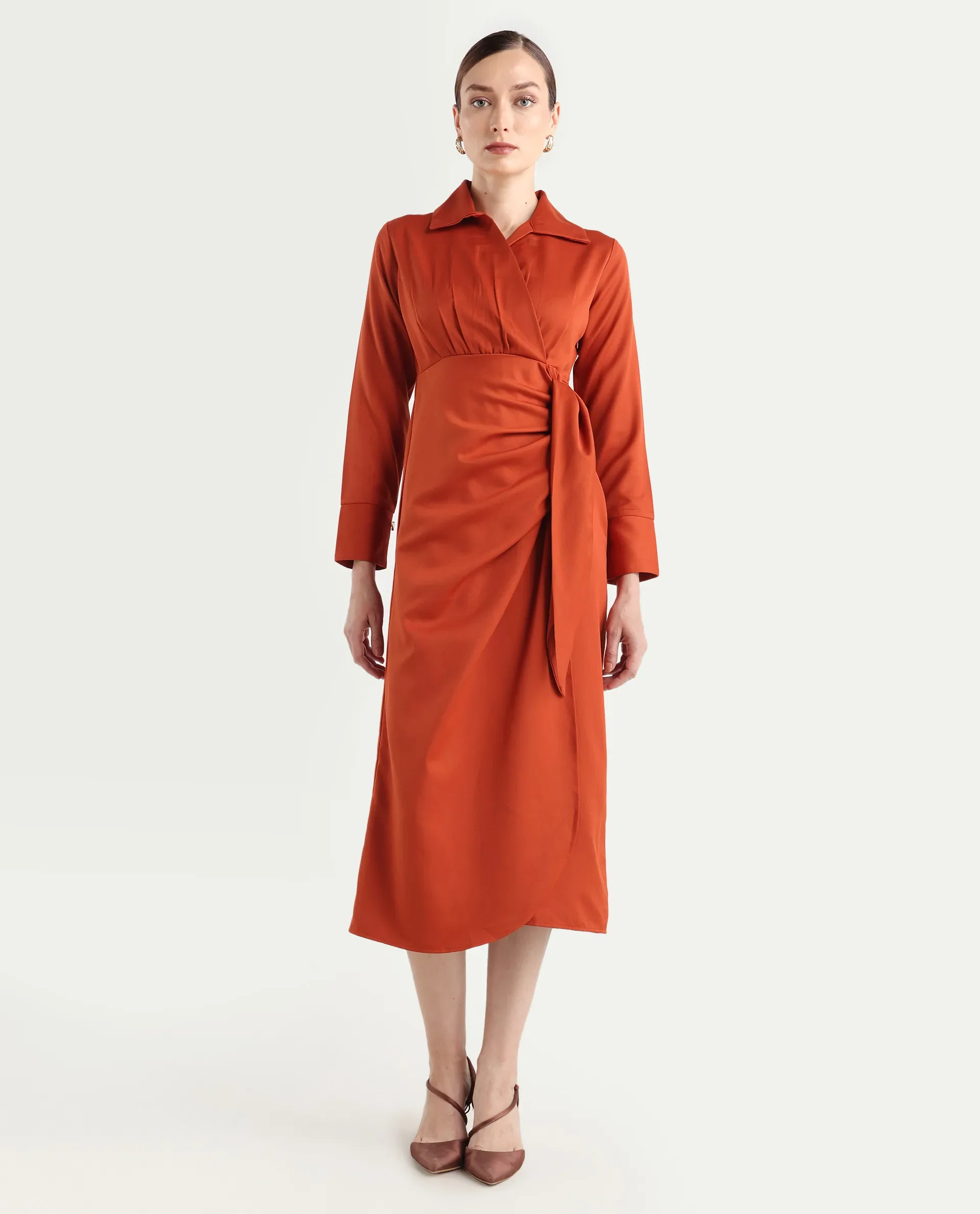 Rareism Women's Jenlin Rust Polyester Blend Full Sleeve Jonny Collar Straight Fit Dress - Image 3