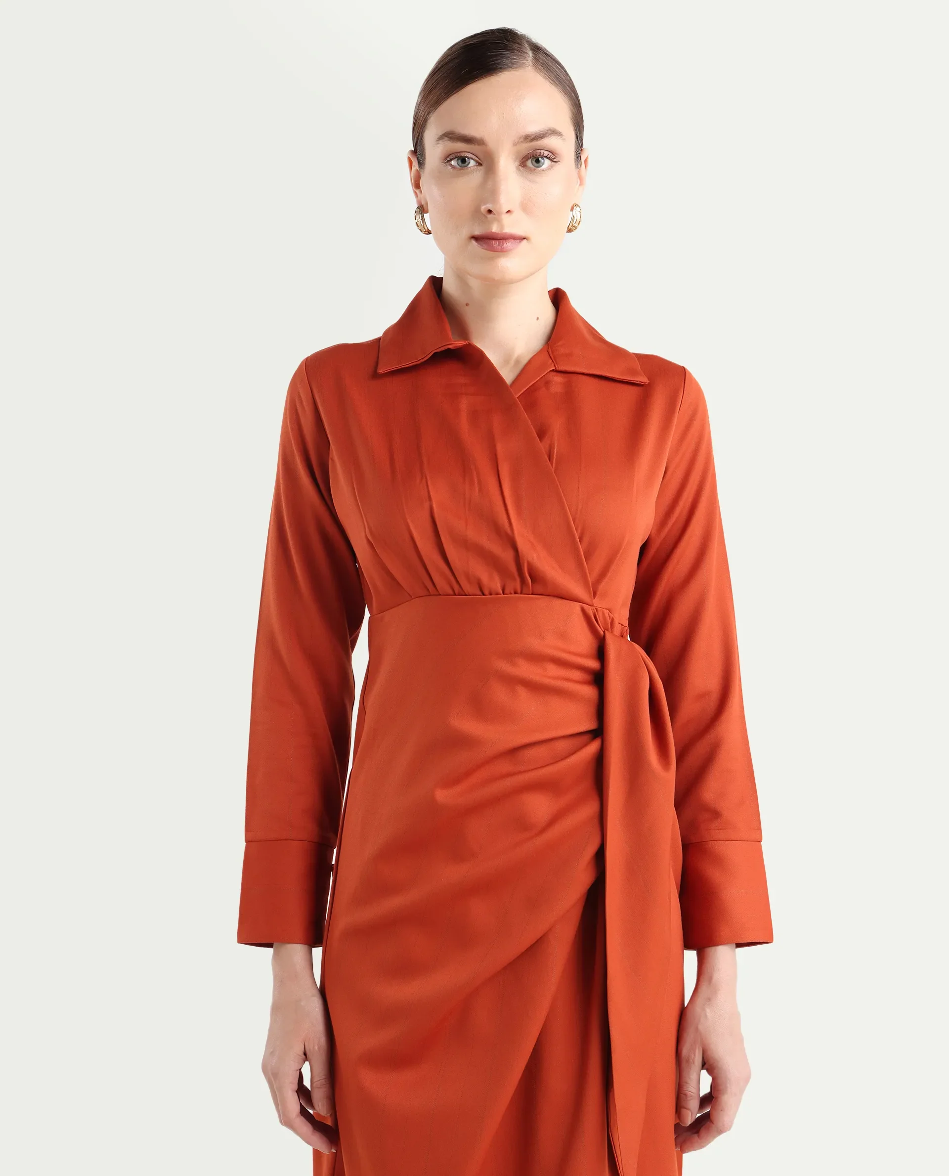 Rareism Women's Jenlin Rust Polyester Blend Full Sleeve Jonny Collar Straight Fit Dress - Image 5