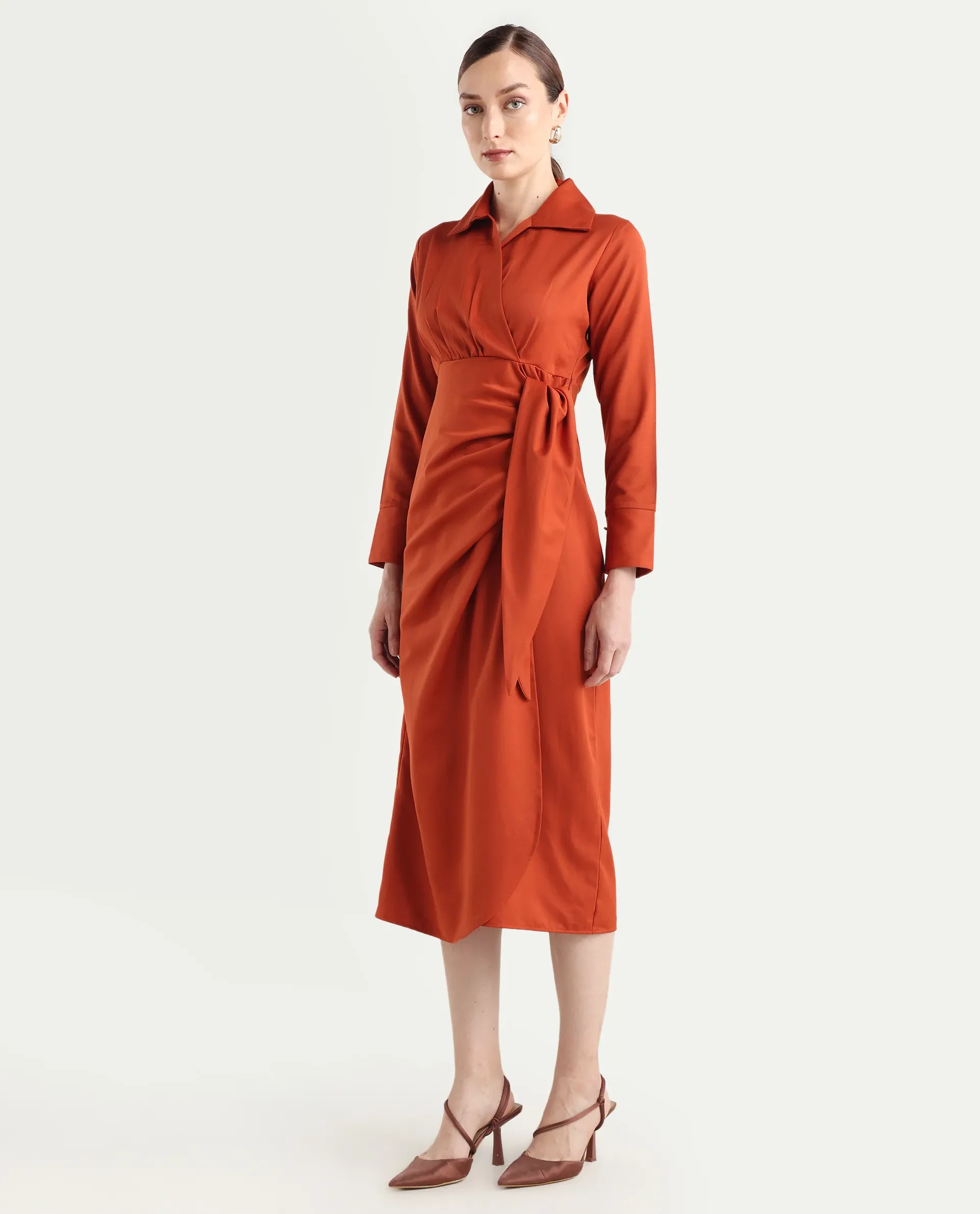Rareism Women's Jenlin Rust Polyester Blend Full Sleeve Jonny Collar Straight Fit Dress - Image 6