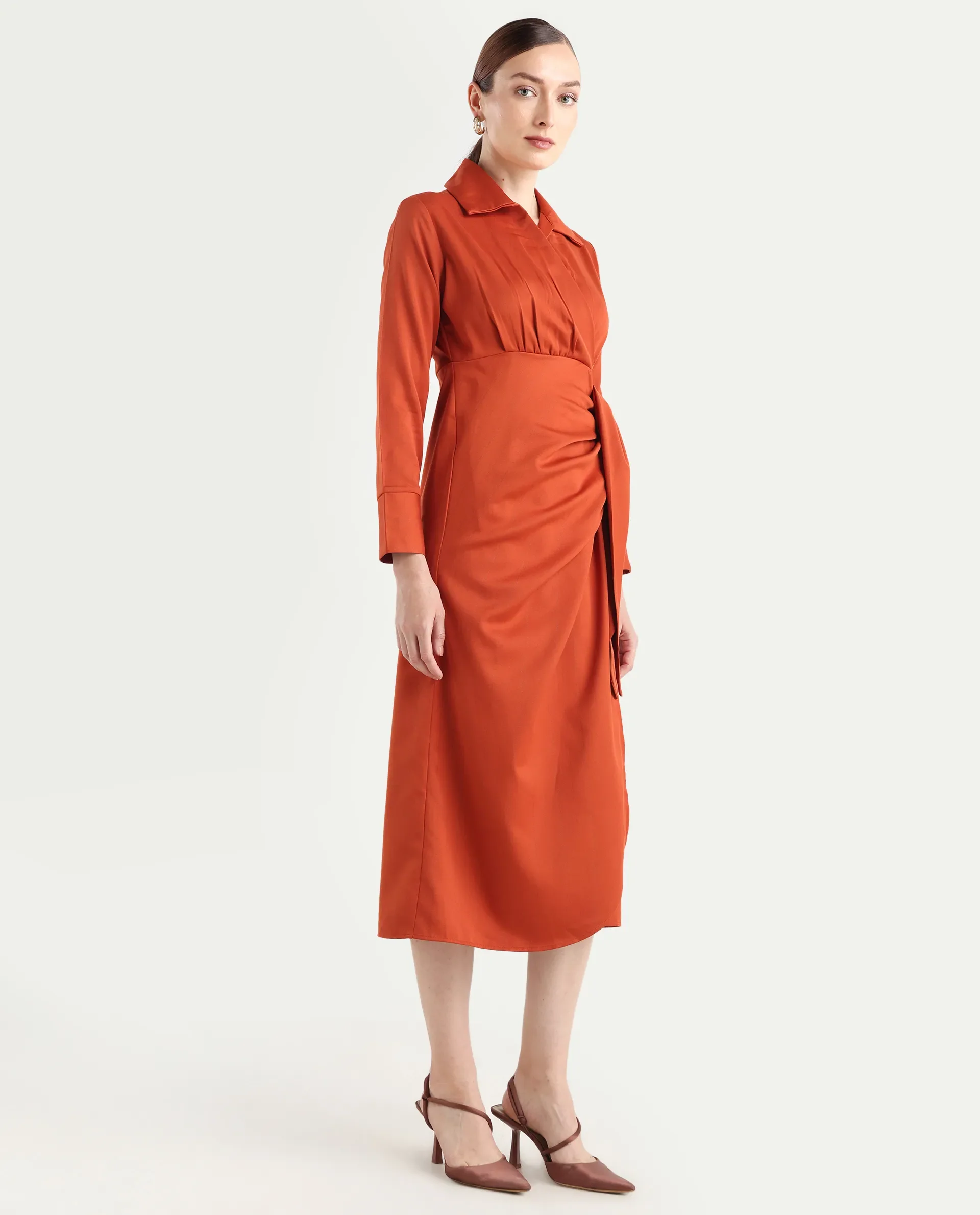Rareism Women's Jenlin Rust Polyester Blend Full Sleeve Jonny Collar Straight Fit Dress - Image 7
