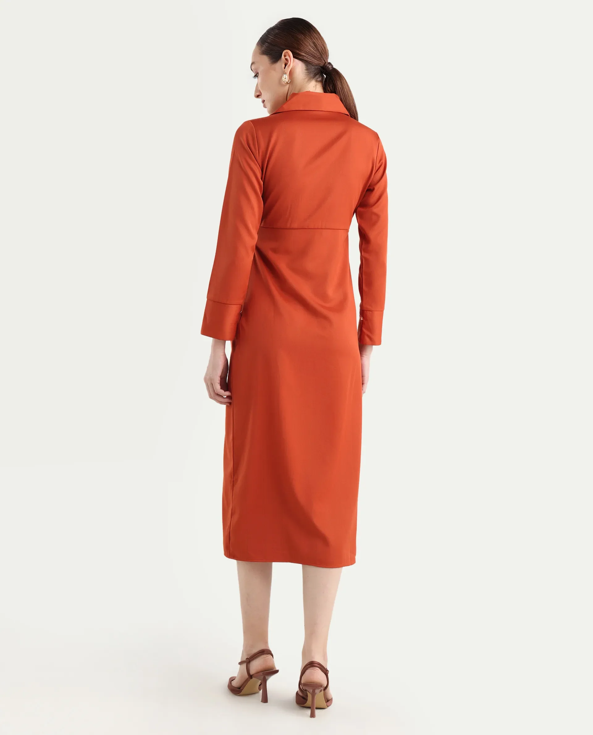 Rareism Women's Jenlin Rust Polyester Blend Full Sleeve Jonny Collar Straight Fit Dress - Image 8