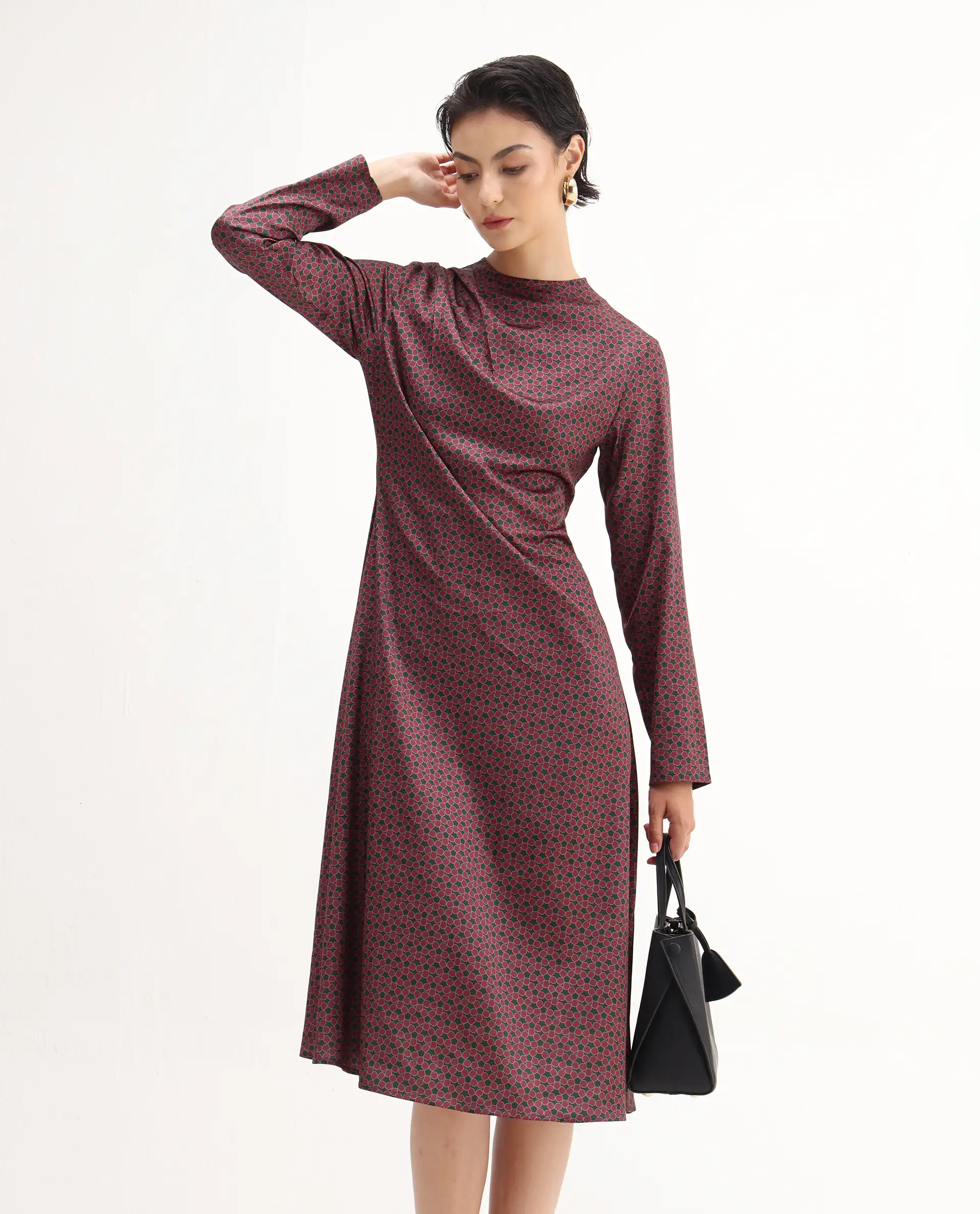 Rareism Women's Jenlio Dark Green Polyester High Neck Fitted Geometric Print Midi Dress - Image 10