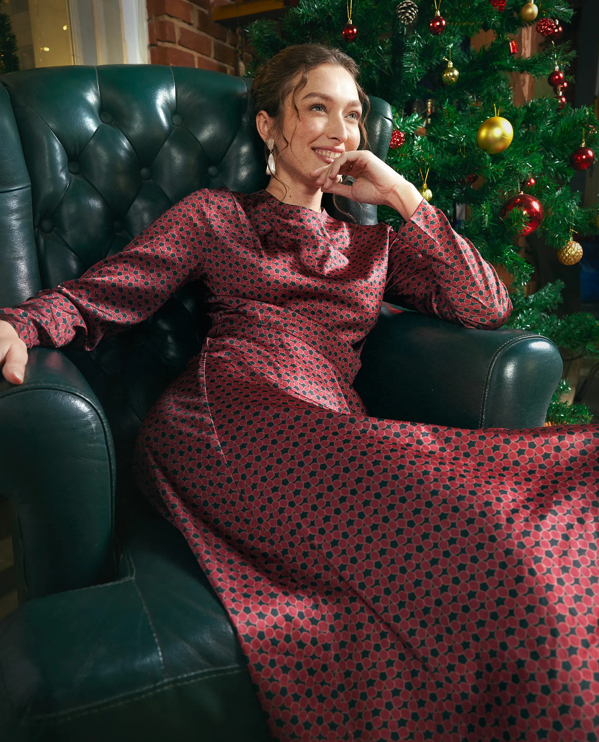 Rareism Women's Jenlio Dark Green Polyester High Neck Fitted Geometric Print Midi Dress - Image 3