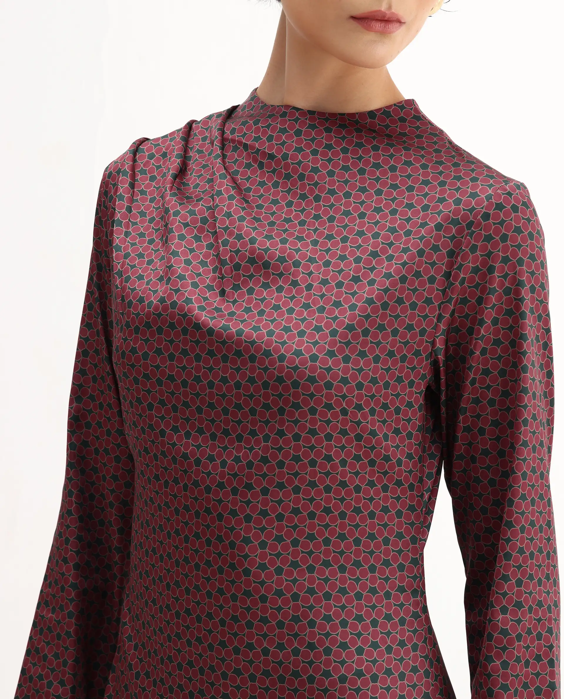 Rareism Women's Jenlio Dark Green Polyester High Neck Fitted Geometric Print Midi Dress - Image 4