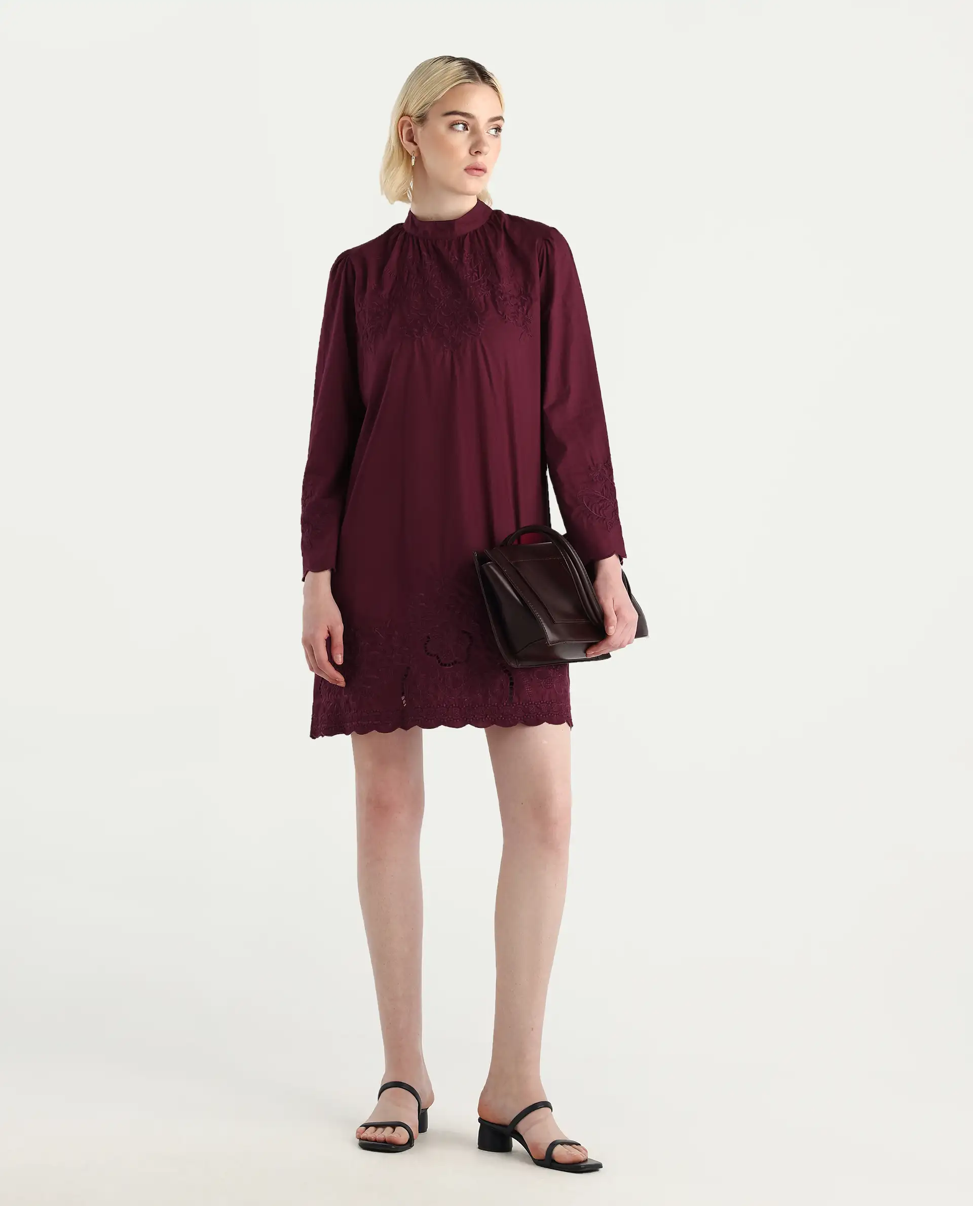 Rareism Women's Jenmin Maroon Cotton Bell Sleeves Mandarin Collar A-Line Fit Plain Dress - Image 2