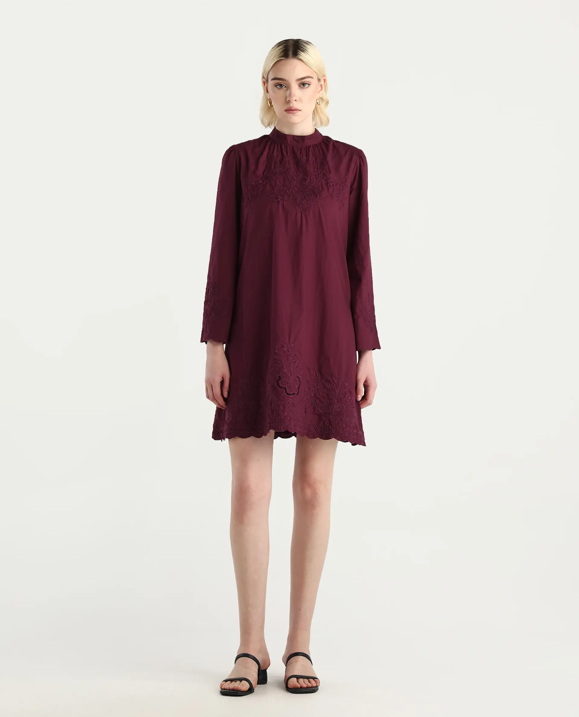 Rareism Women's Jenmin Maroon Cotton Bell Sleeves Mandarin Collar A-Line Fit Plain Dress - Image 4