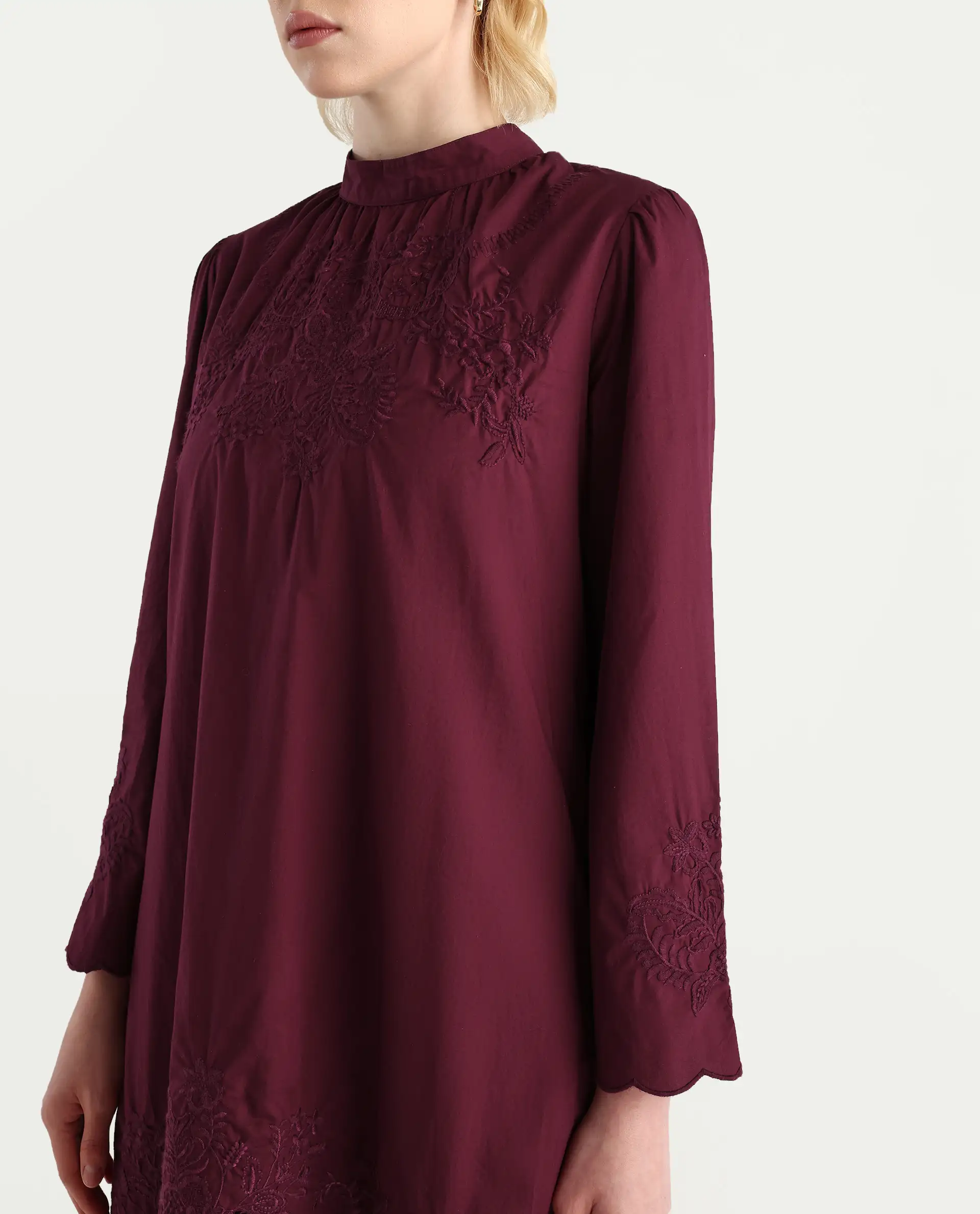 Rareism Women's Jenmin Maroon Cotton Bell Sleeves Mandarin Collar A-Line Fit Plain Dress - Image 5