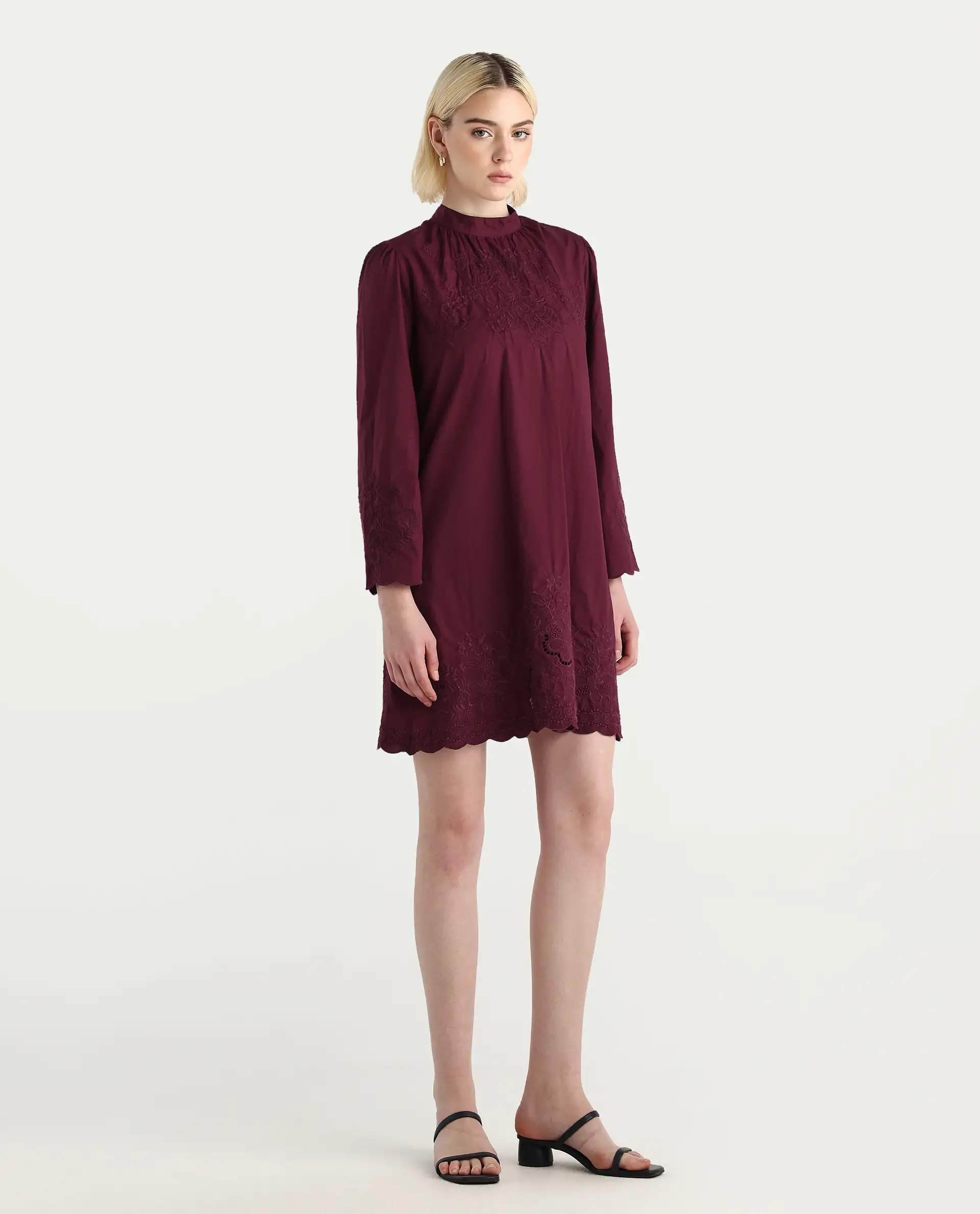 Rareism Women's Jenmin Maroon Cotton Bell Sleeves Mandarin Collar A-Line Fit Plain Dress - Image 6