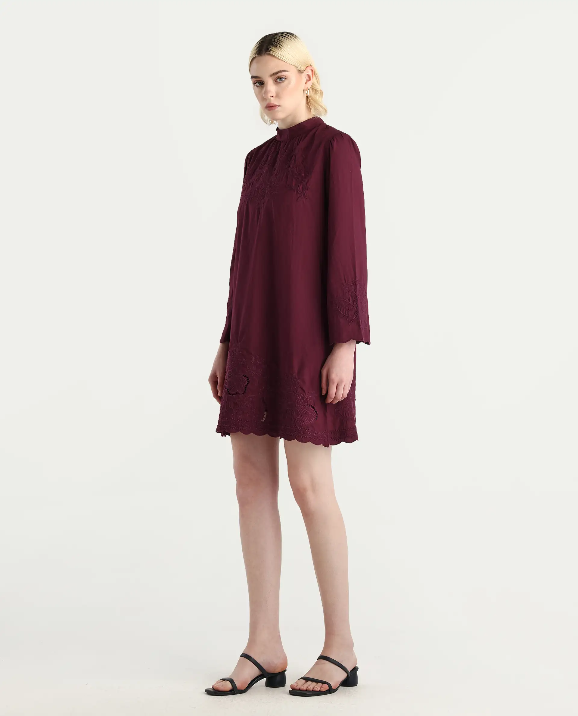 Rareism Women's Jenmin Maroon Cotton Bell Sleeves Mandarin Collar A-Line Fit Plain Dress - Image 7