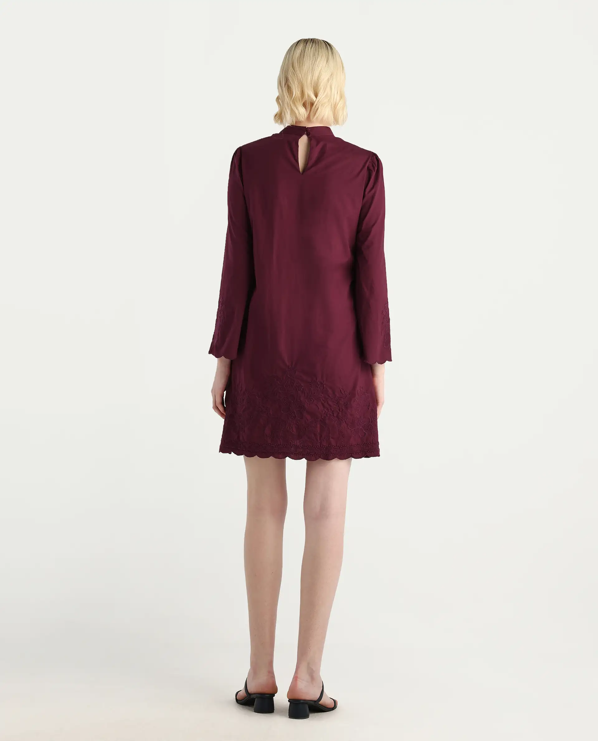 Rareism Women's Jenmin Maroon Cotton Bell Sleeves Mandarin Collar A-Line Fit Plain Dress - Image 8