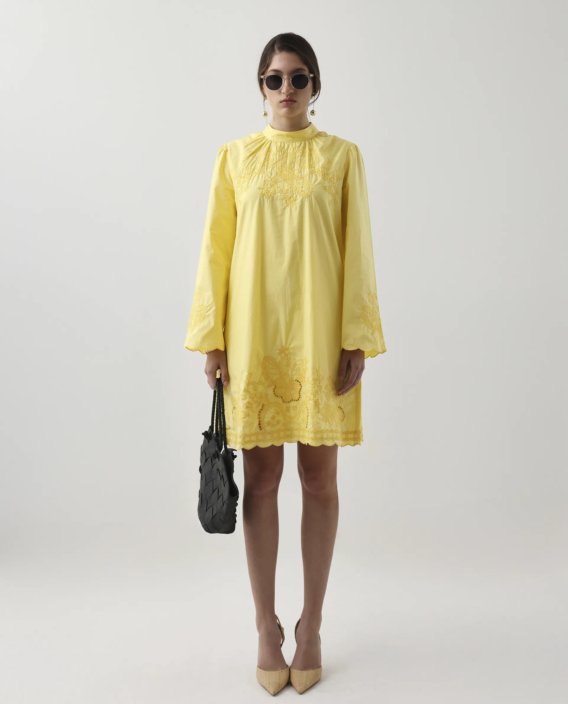 Rareism Women's Jenmin Yellow Cotton Mandarin Collar A-Line Plain Dress