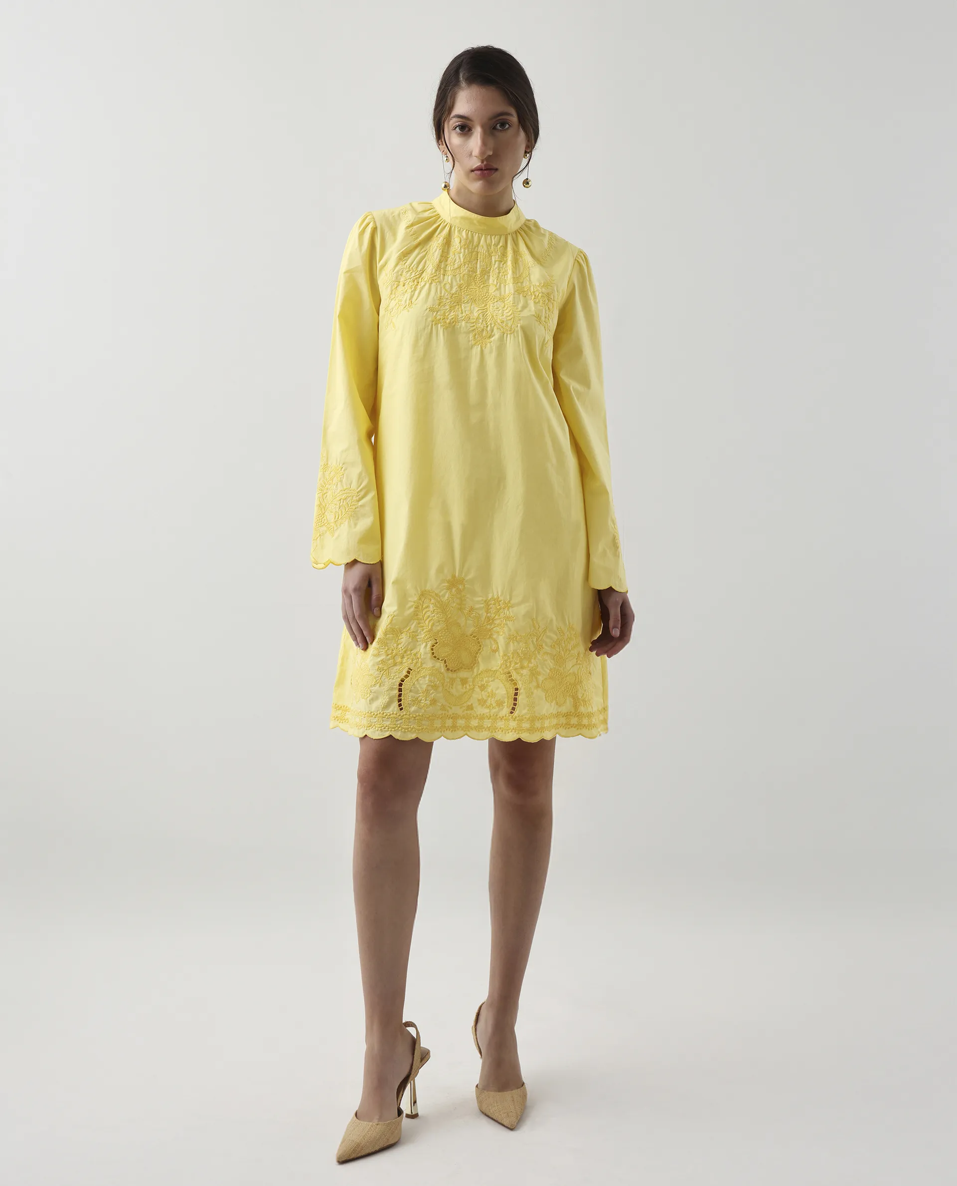 Rareism Women's Jenmin Yellow Cotton Mandarin Collar A-Line Plain Dress - Image 2