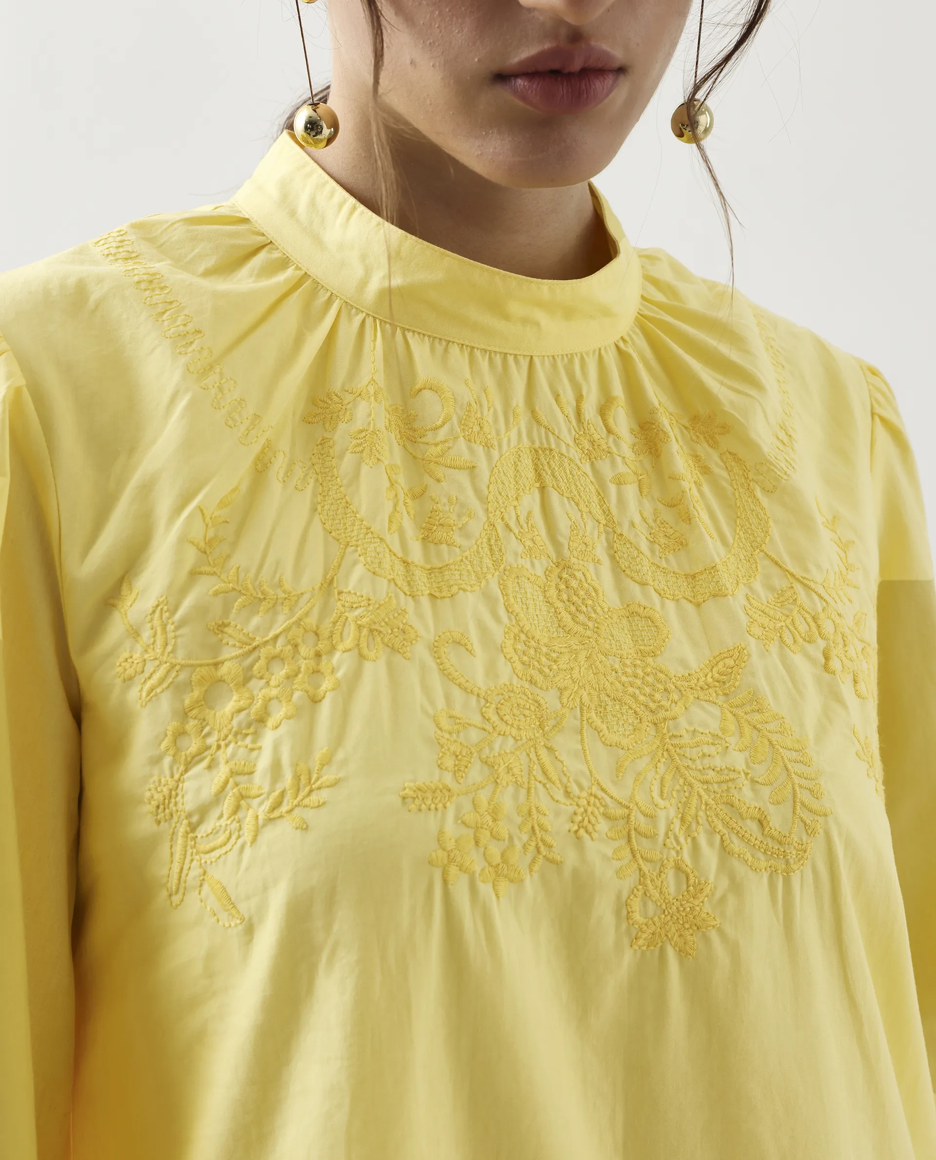 Rareism Women's Jenmin Yellow Cotton Mandarin Collar A-Line Plain Dress - Image 3