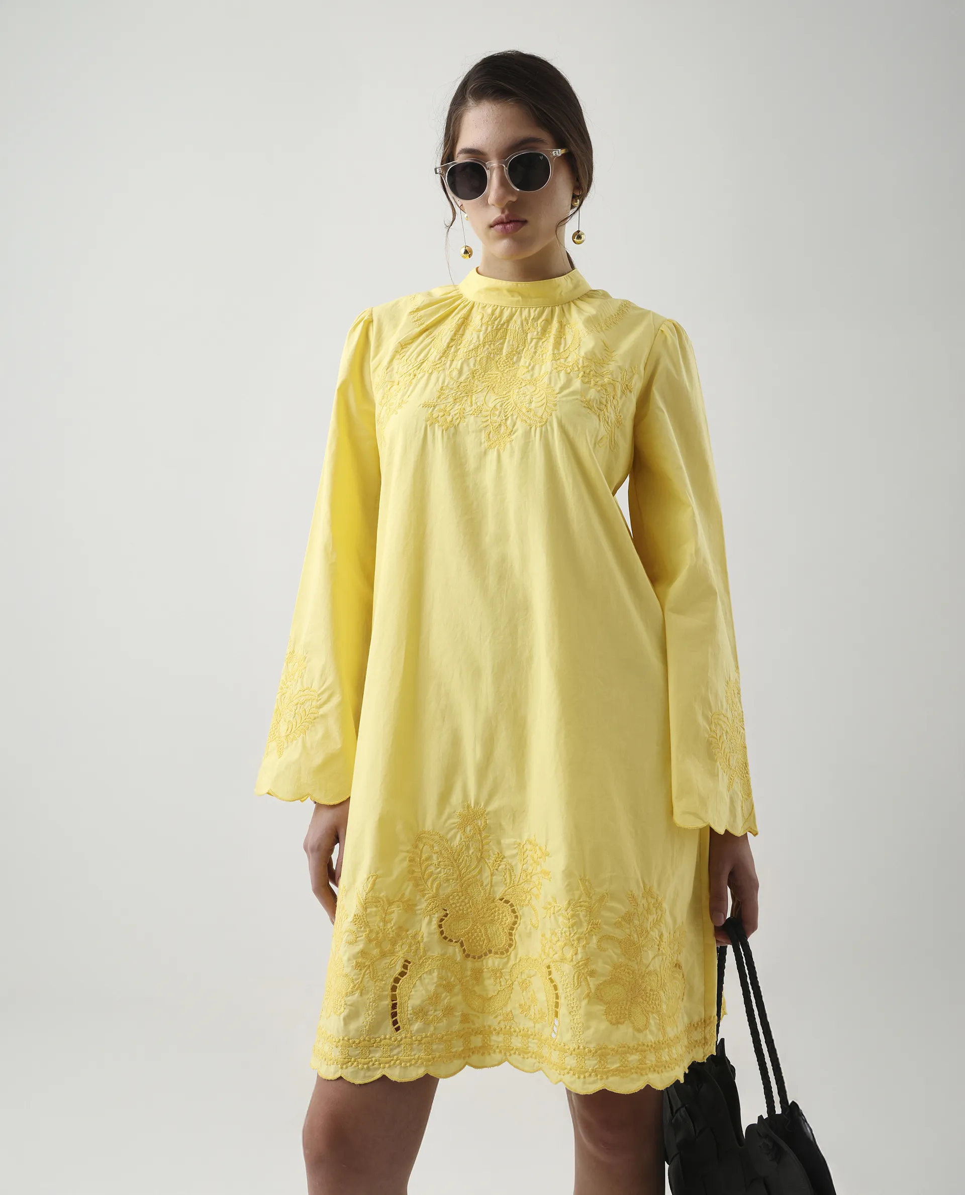 Rareism Women's Jenmin Yellow Cotton Mandarin Collar A-Line Plain Dress - Image 5