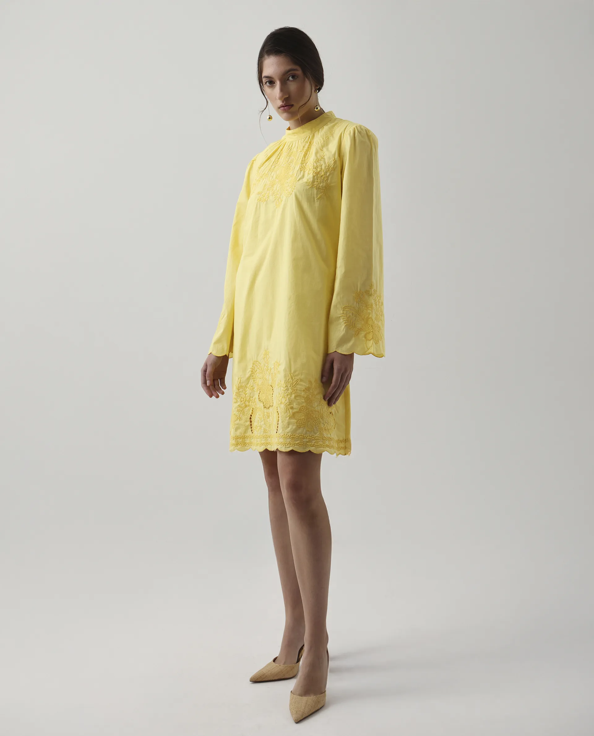 Rareism Women's Jenmin Yellow Cotton Mandarin Collar A-Line Plain Dress - Image 6