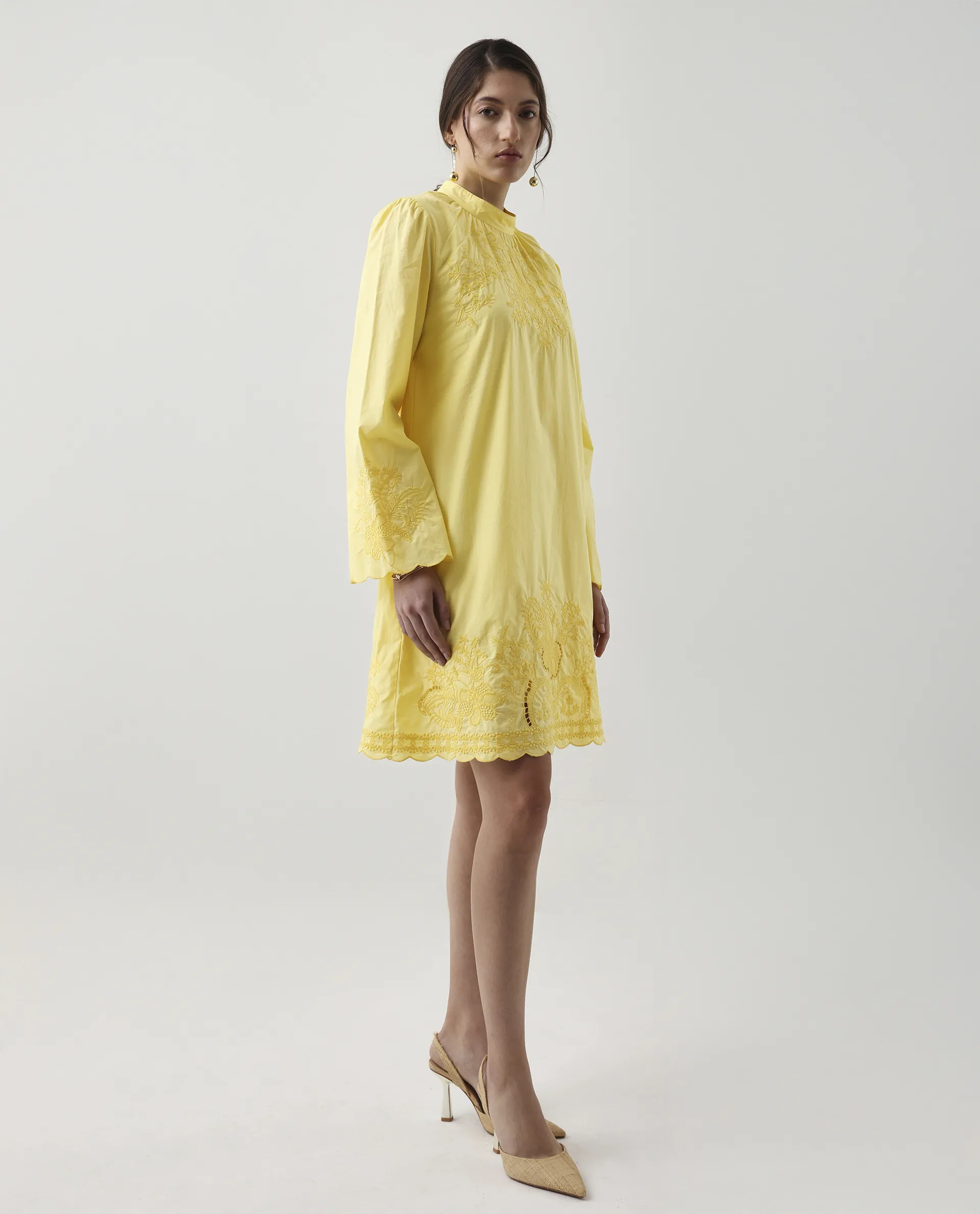 Rareism Women's Jenmin Yellow Cotton Mandarin Collar A-Line Plain Dress - Image 7