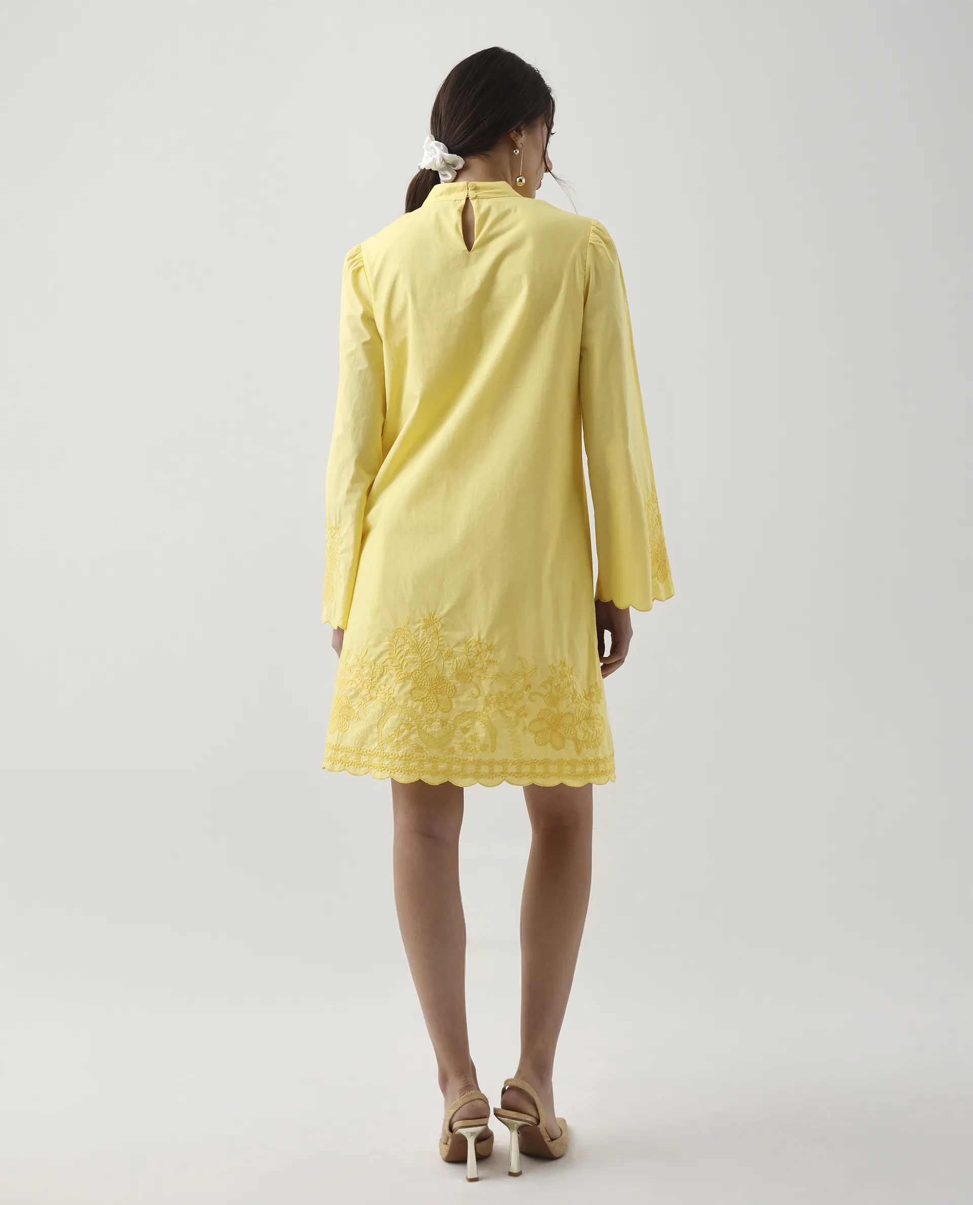Rareism Women's Jenmin Yellow Cotton Mandarin Collar A-Line Plain Dress - Image 8