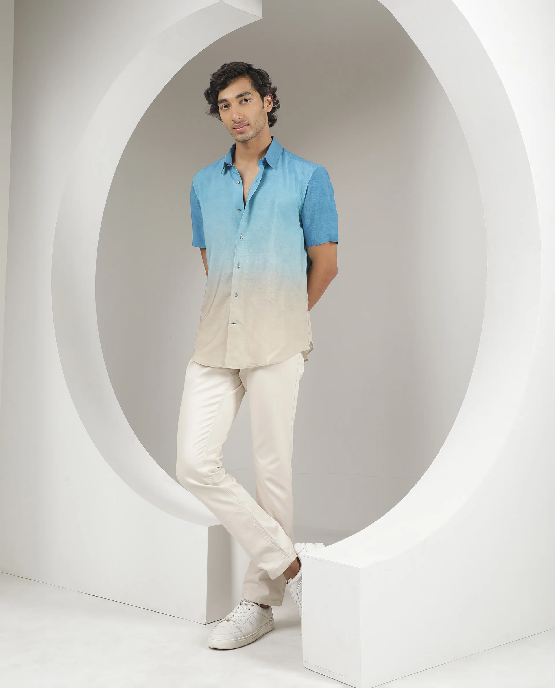 Rare Rabbit Men's Jenn Blue Viscose Ombre Regular Fit Half Sleeve Collared Shirt - Image 2