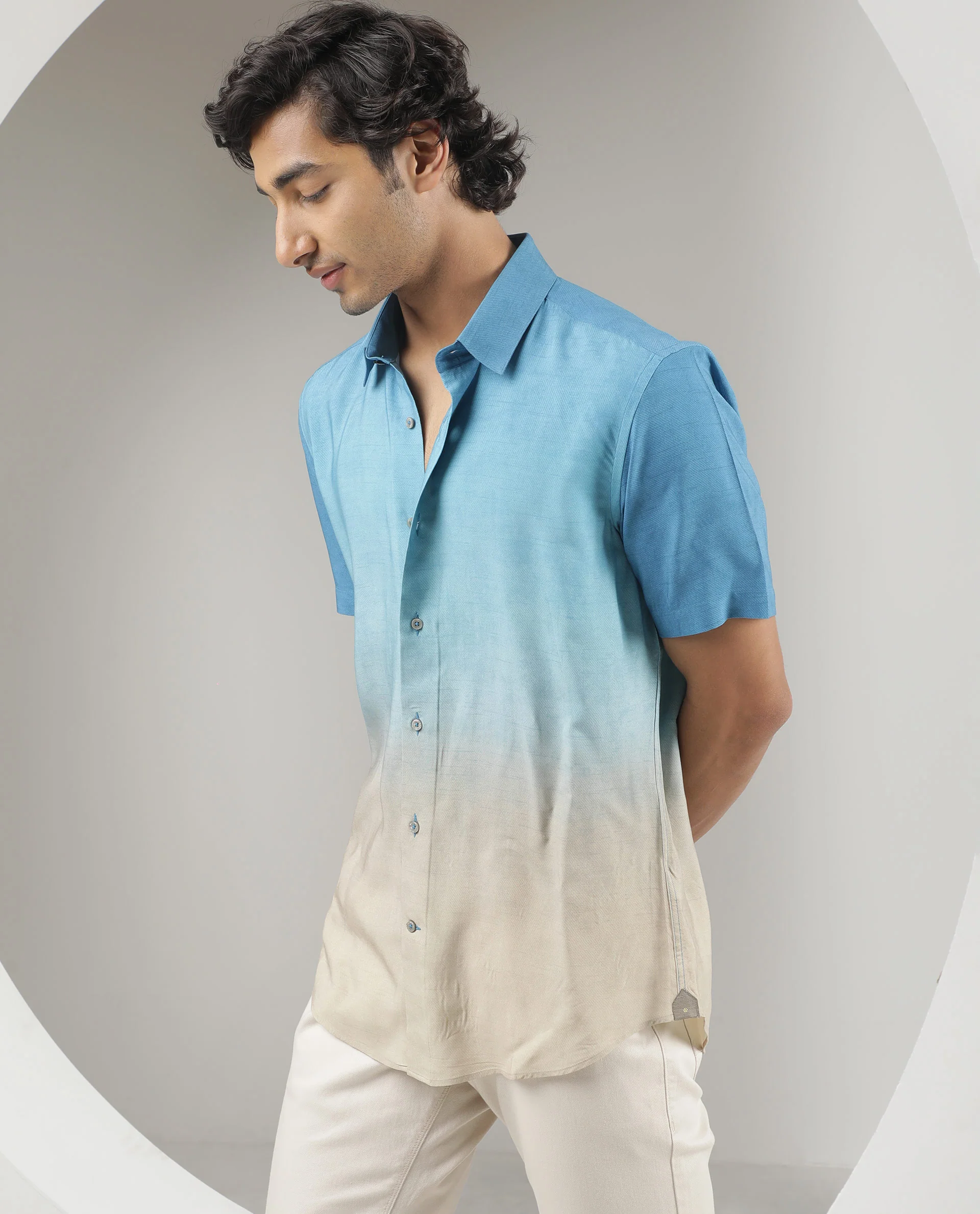 Rare Rabbit Men's Jenn Blue Viscose Ombre Regular Fit Half Sleeve Collared Shirt - Image 3