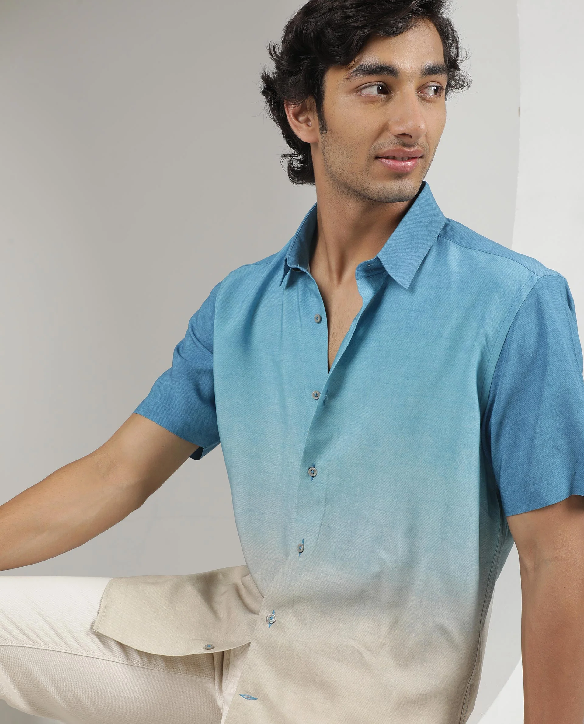 Rare Rabbit Men's Jenn Blue Viscose Ombre Regular Fit Half Sleeve Collared Shirt - Image 4