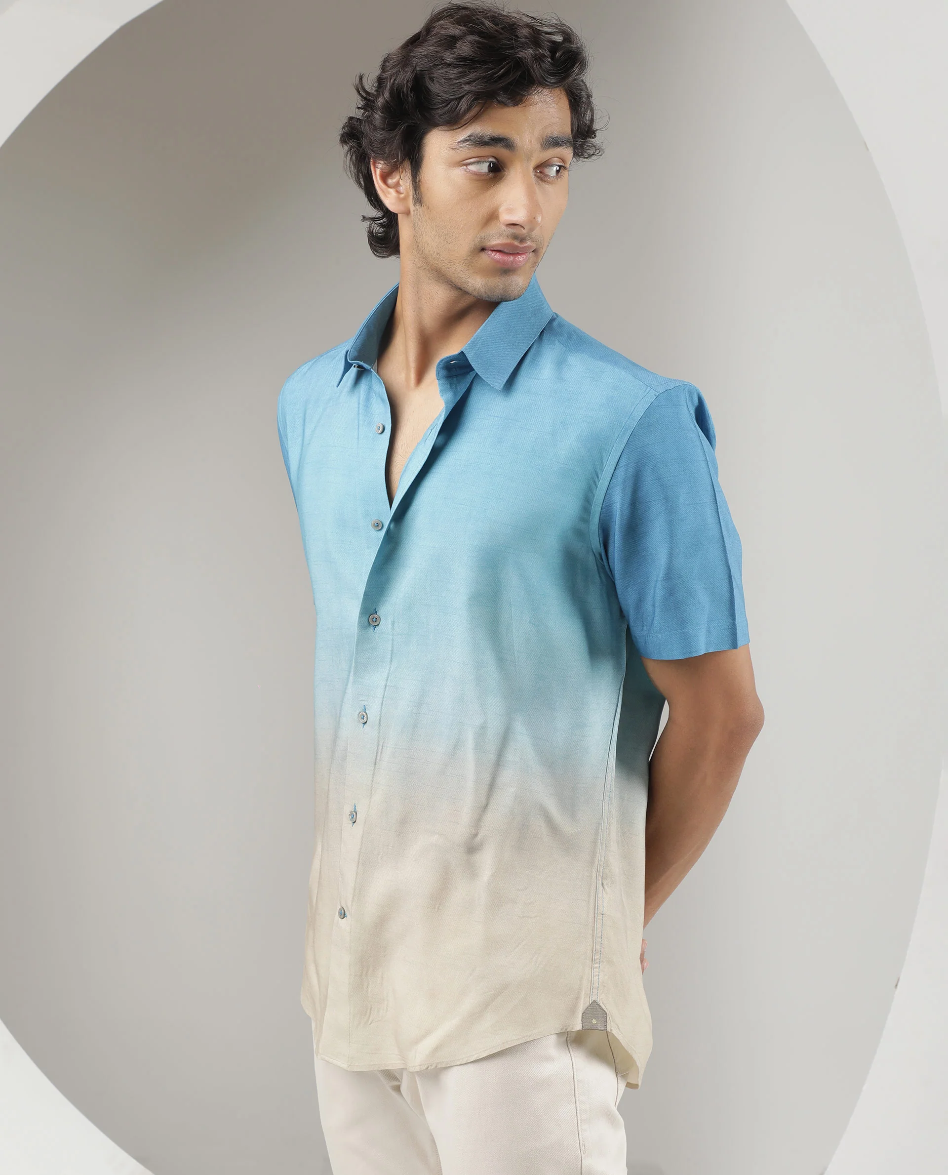 Rare Rabbit Men's Jenn Blue Viscose Ombre Regular Fit Half Sleeve Collared Shirt - Image 5