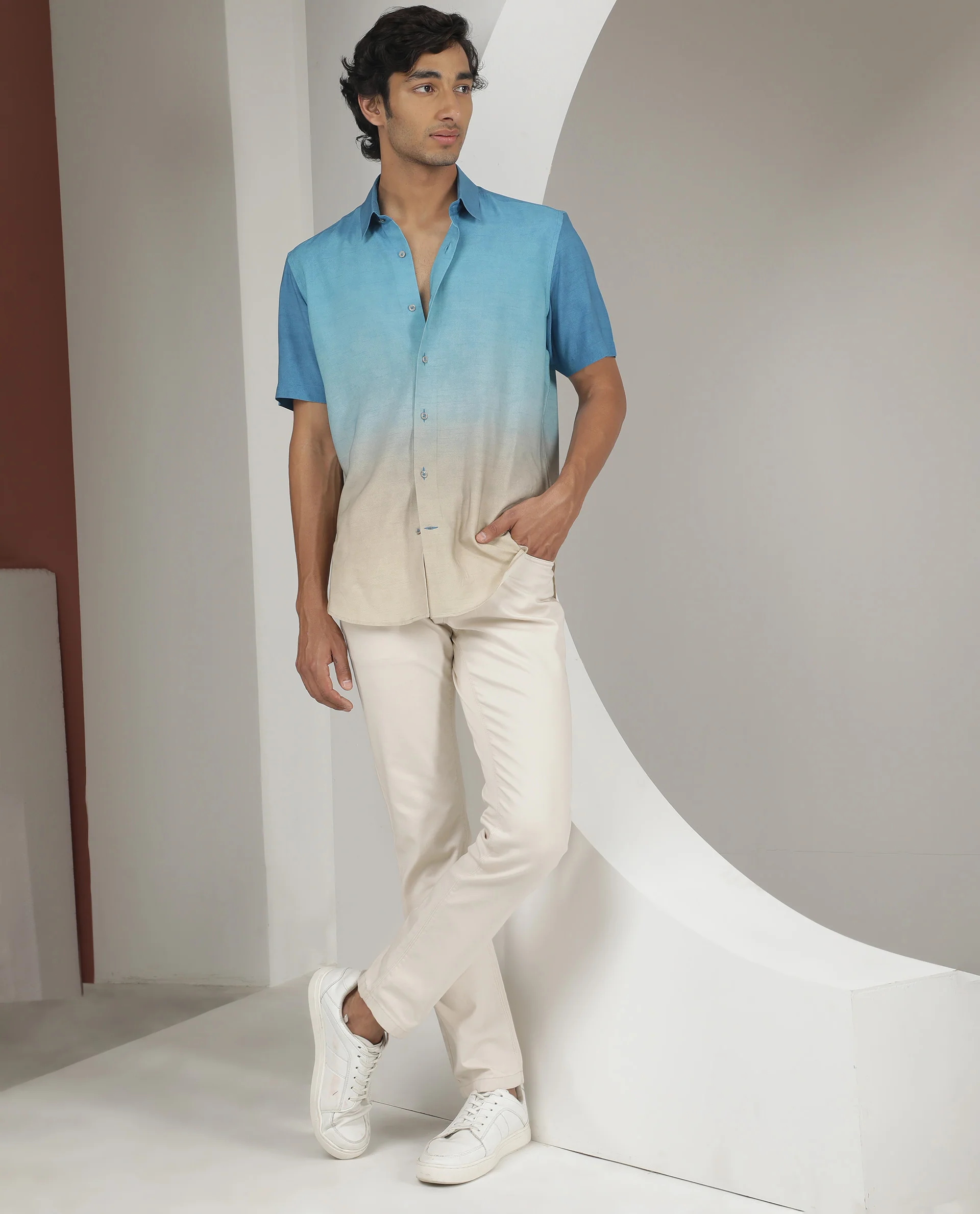 Rare Rabbit Men's Jenn Blue Viscose Ombre Regular Fit Half Sleeve Collared Shirt - Image 6