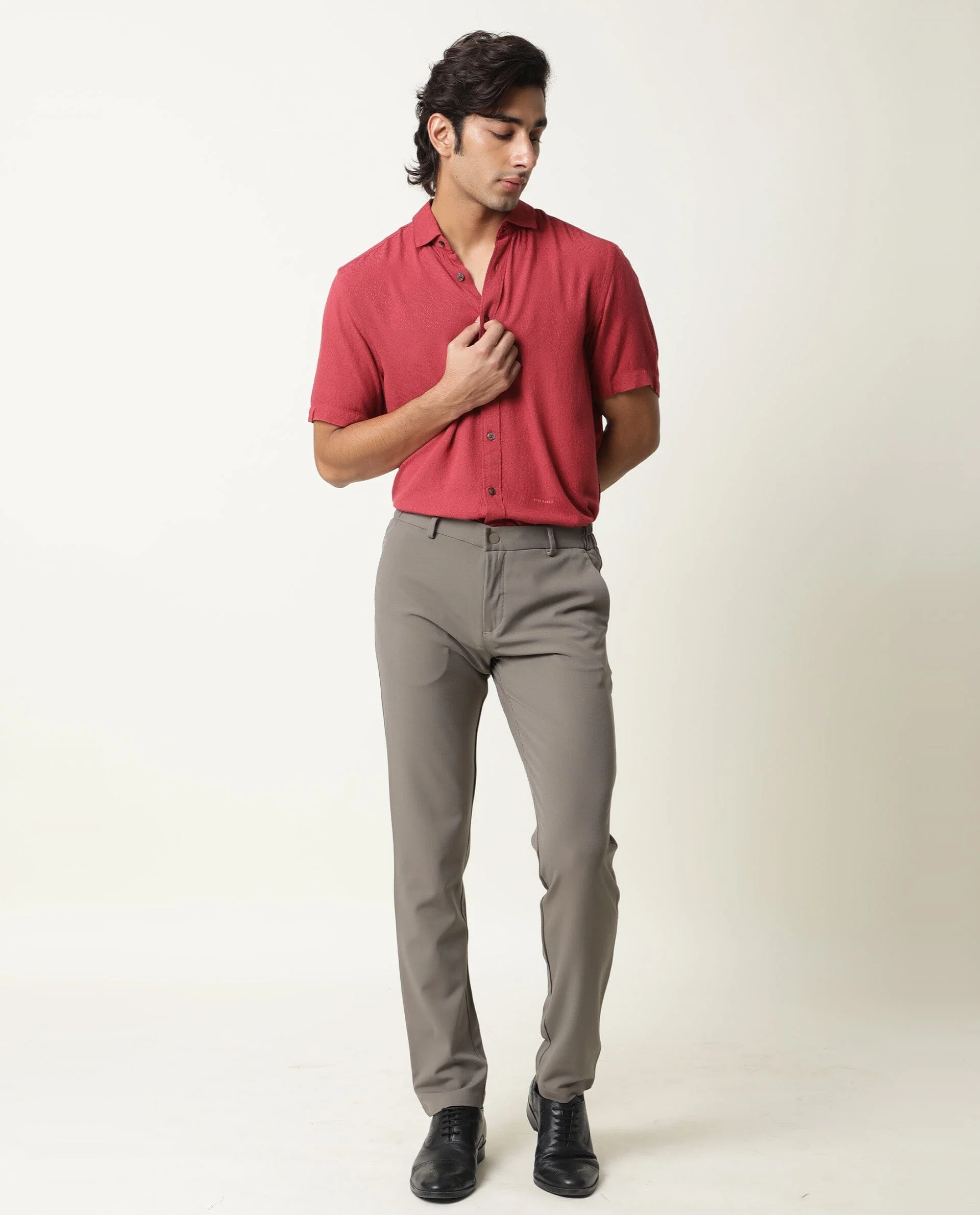 Rare Rabbit Men's Jenny Red Viscose Plain Regular Fit Half Sleeve Spread Collar Shirt - Image 3