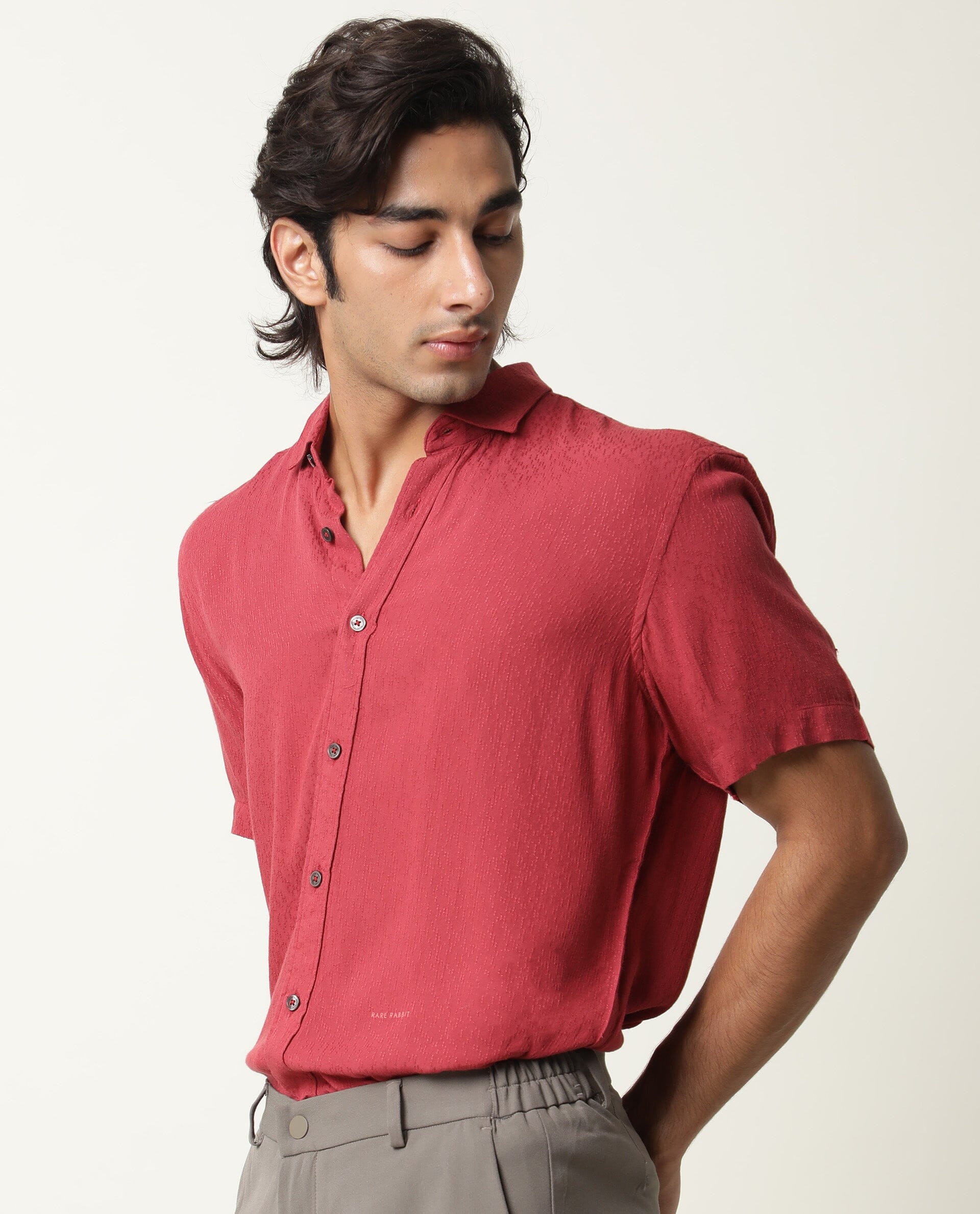 Rare Rabbit Men's Jenny Red Viscose Plain Regular Fit Half Sleeve Spread Collar Shirt - Image 4