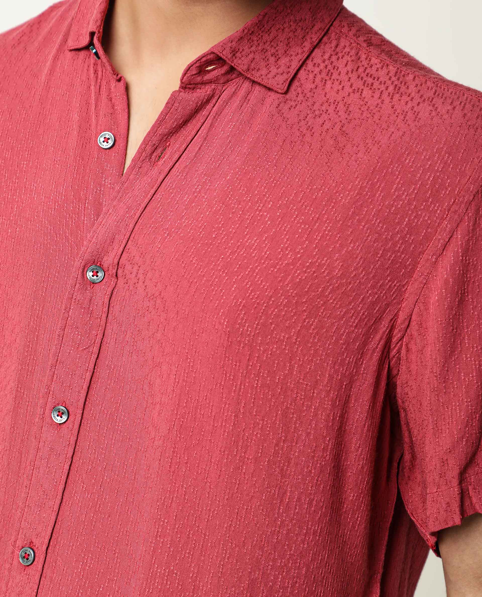 Rare Rabbit Men's Jenny Red Viscose Plain Regular Fit Half Sleeve Spread Collar Shirt - Image 5