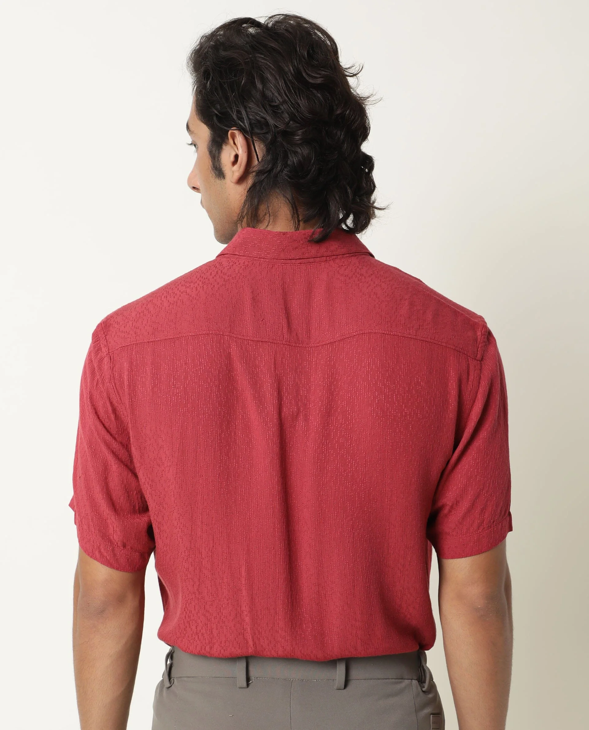Rare Rabbit Men's Jenny Red Viscose Plain Regular Fit Half Sleeve Spread Collar Shirt - Image 6