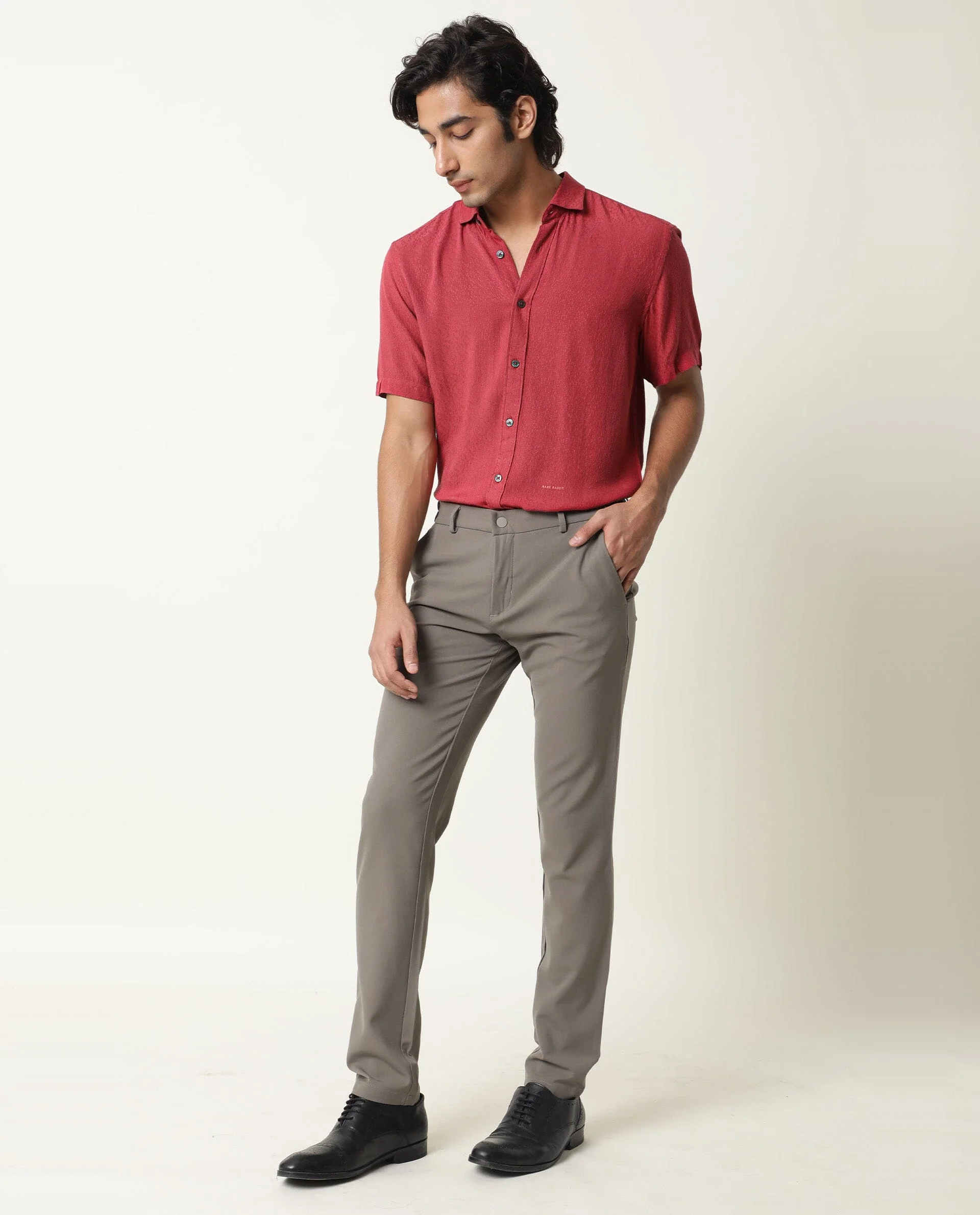 Rare Rabbit Men's Jenny Red Viscose Plain Regular Fit Half Sleeve Spread Collar Shirt - Image 7