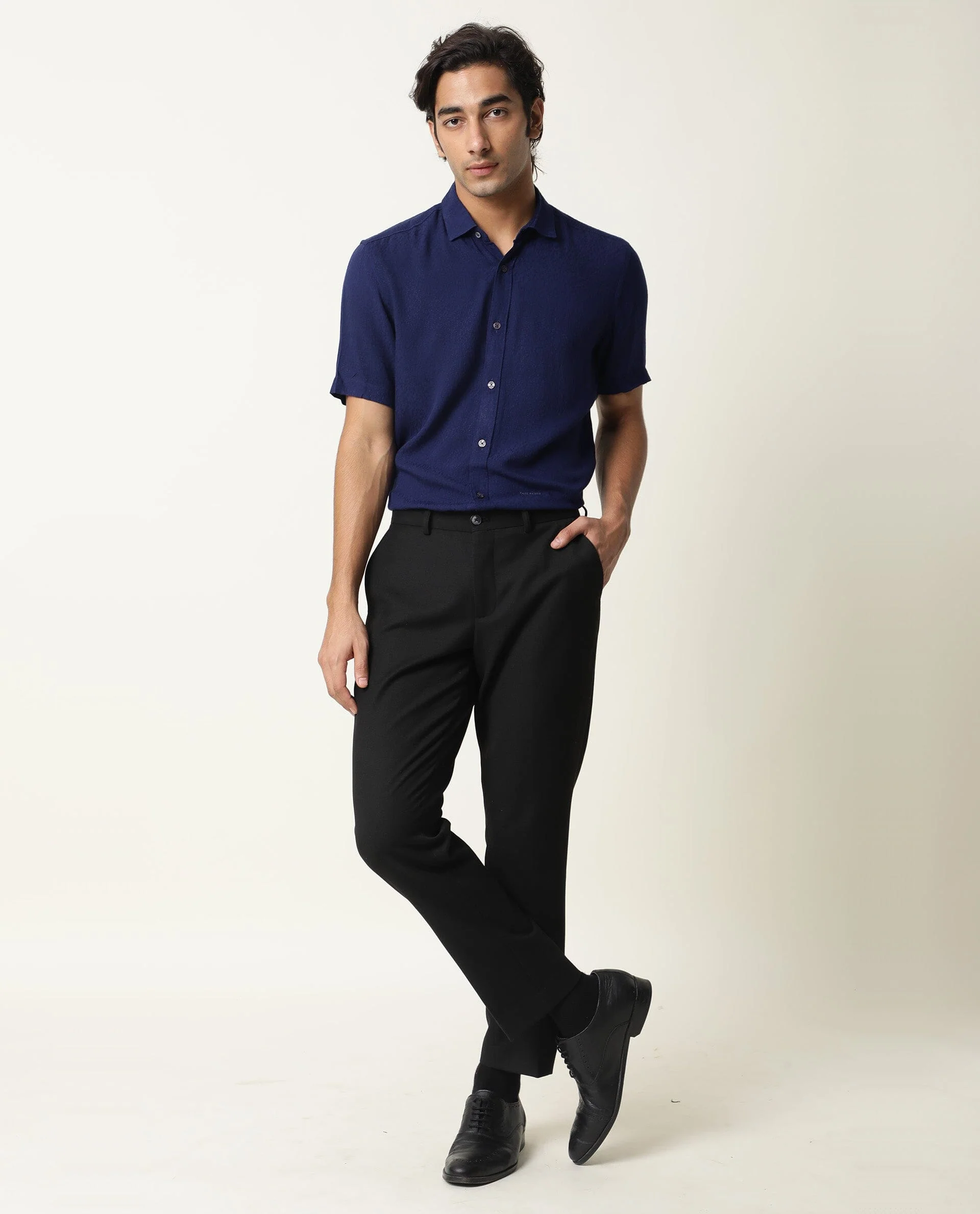 Rare Rabbit Men's Jenny Navy Viscose Plain Regular Fit Half Sleeve Spread Collar Shirt - Image 2