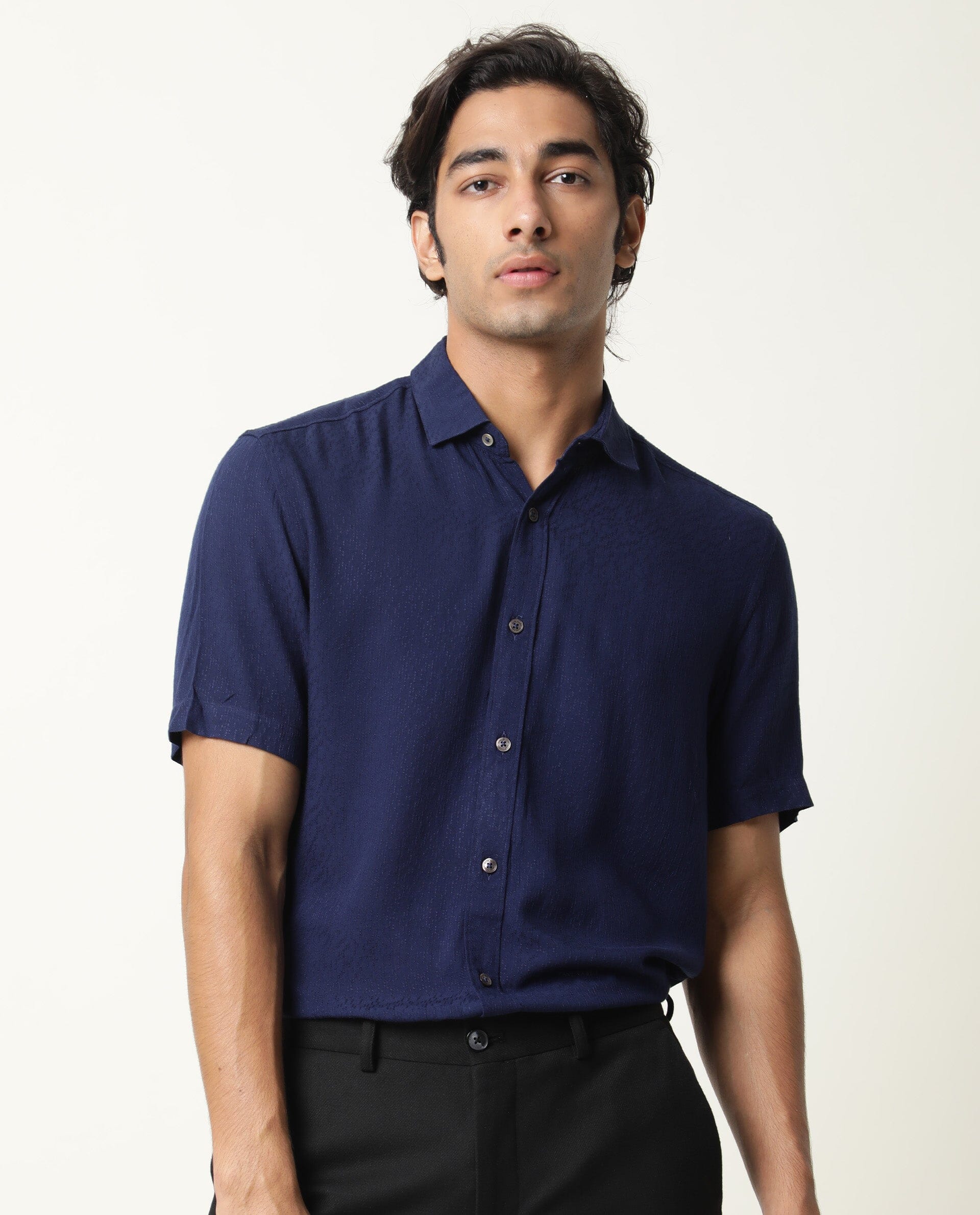 Rare Rabbit Men's Jenny Navy Viscose Plain Regular Fit Half Sleeve Spread Collar Shirt - Image 3